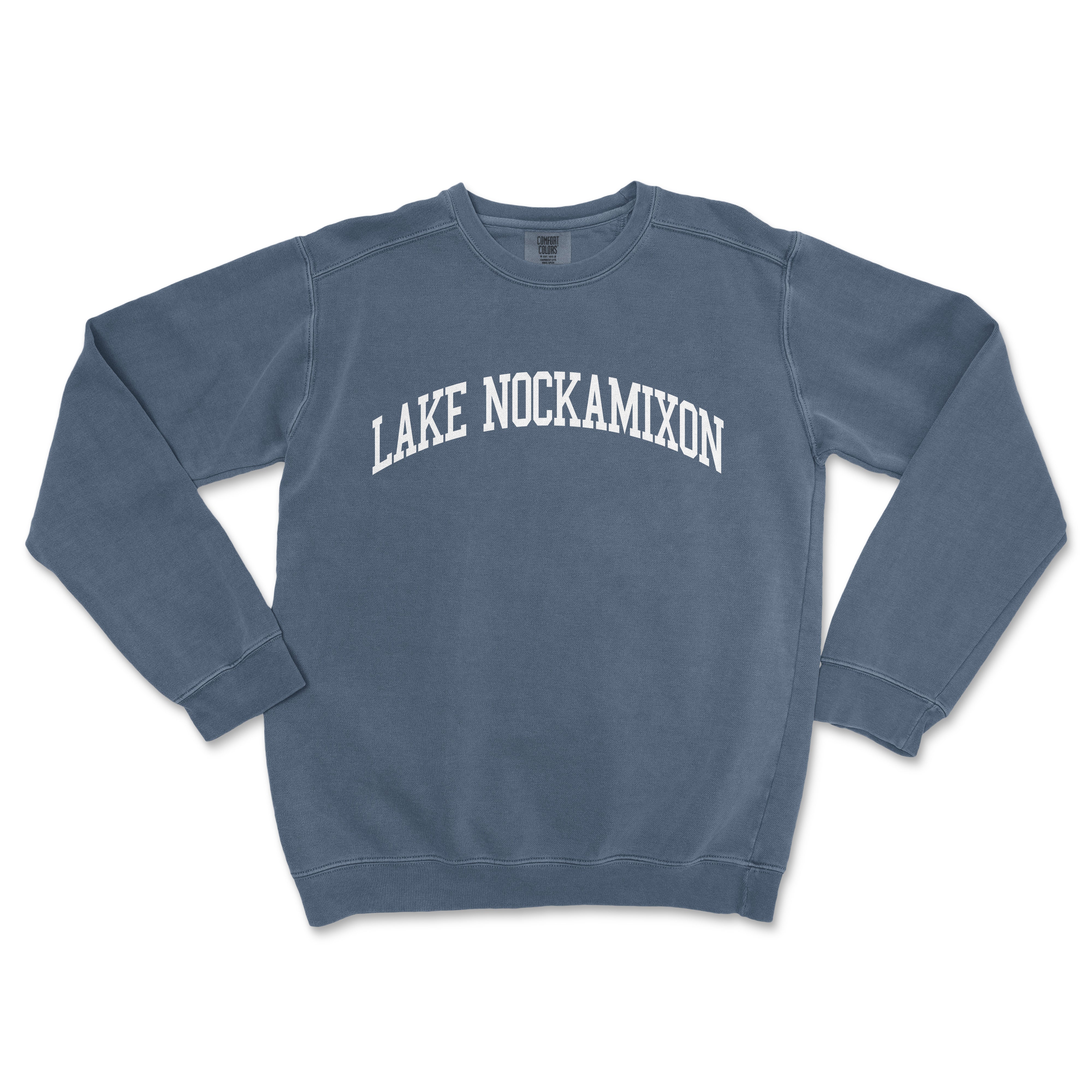 a blue sweatshirt with the words lake nockamion printed on it