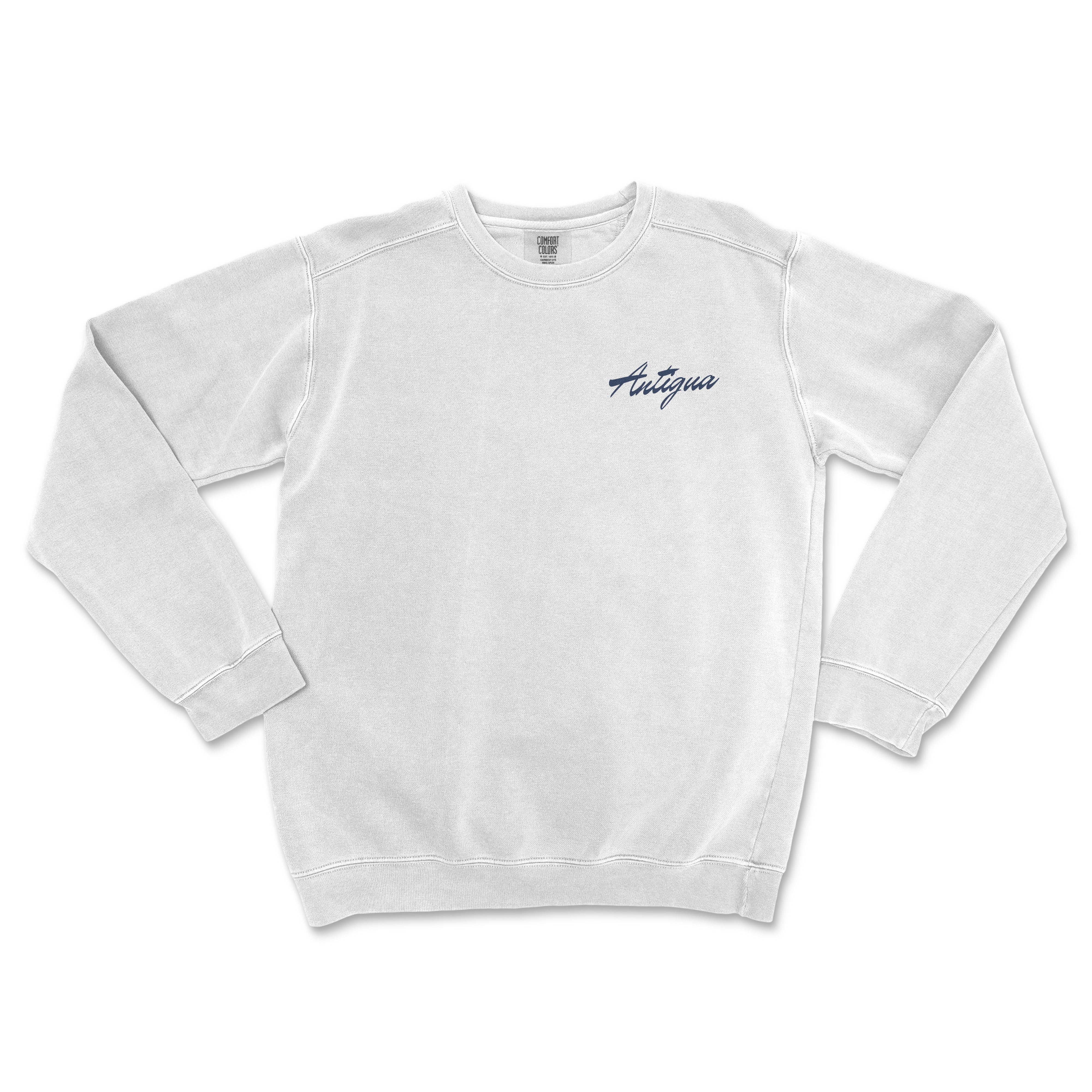 a white sweatshirt with a blue embroidered logo