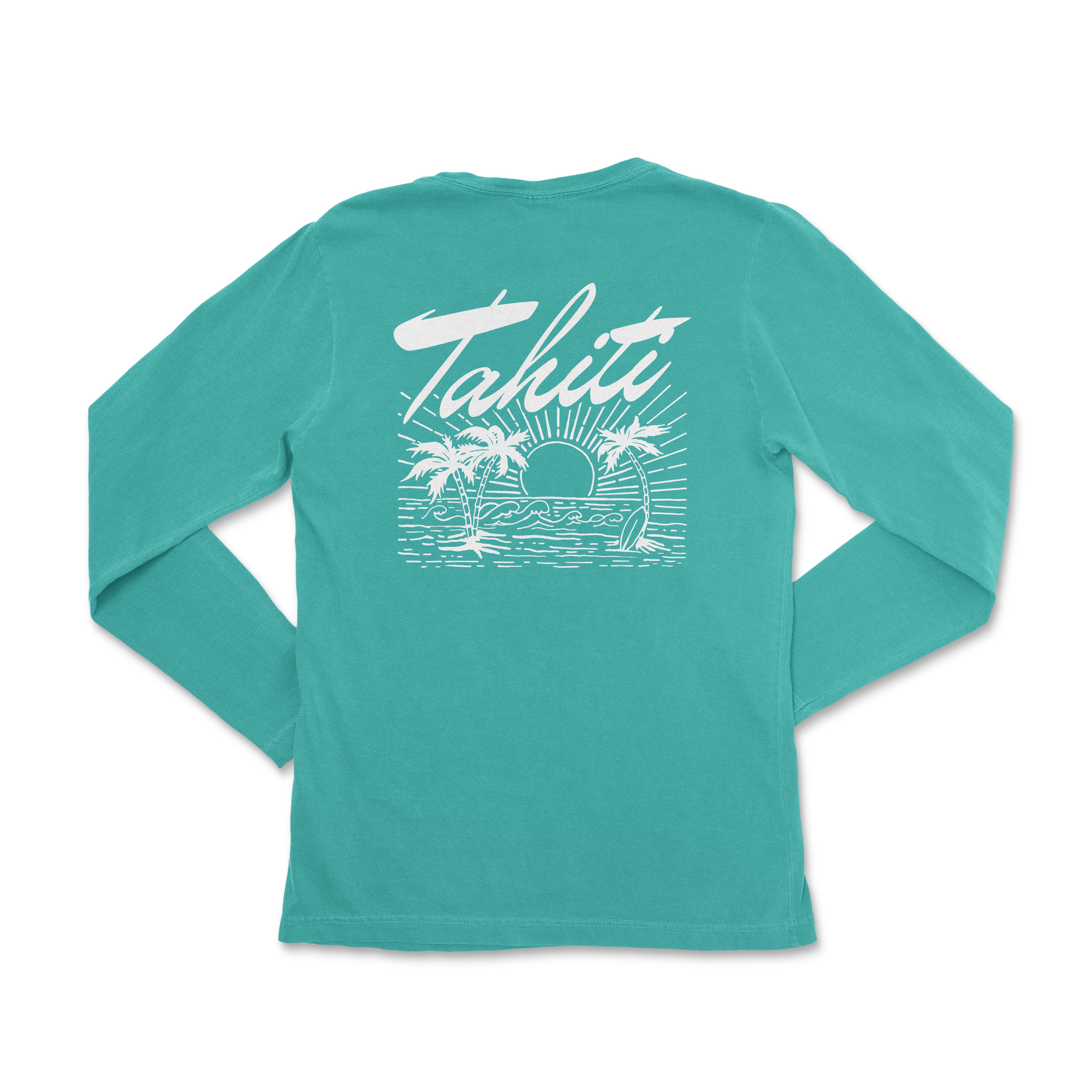 a women's turquoise long sleeve shirt with a surfboard and palm trees