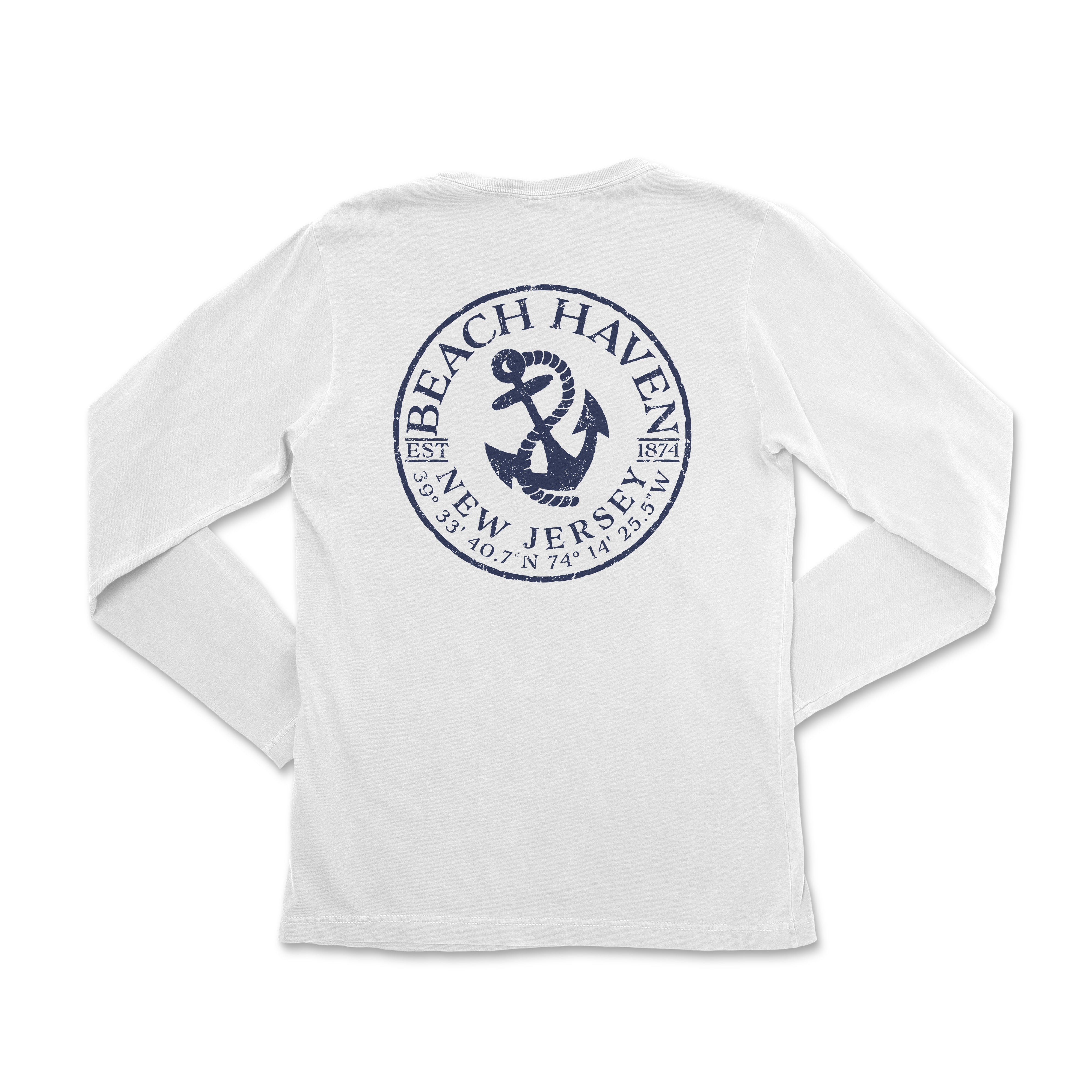 a white long sleeve shirt with a blue anchor on it