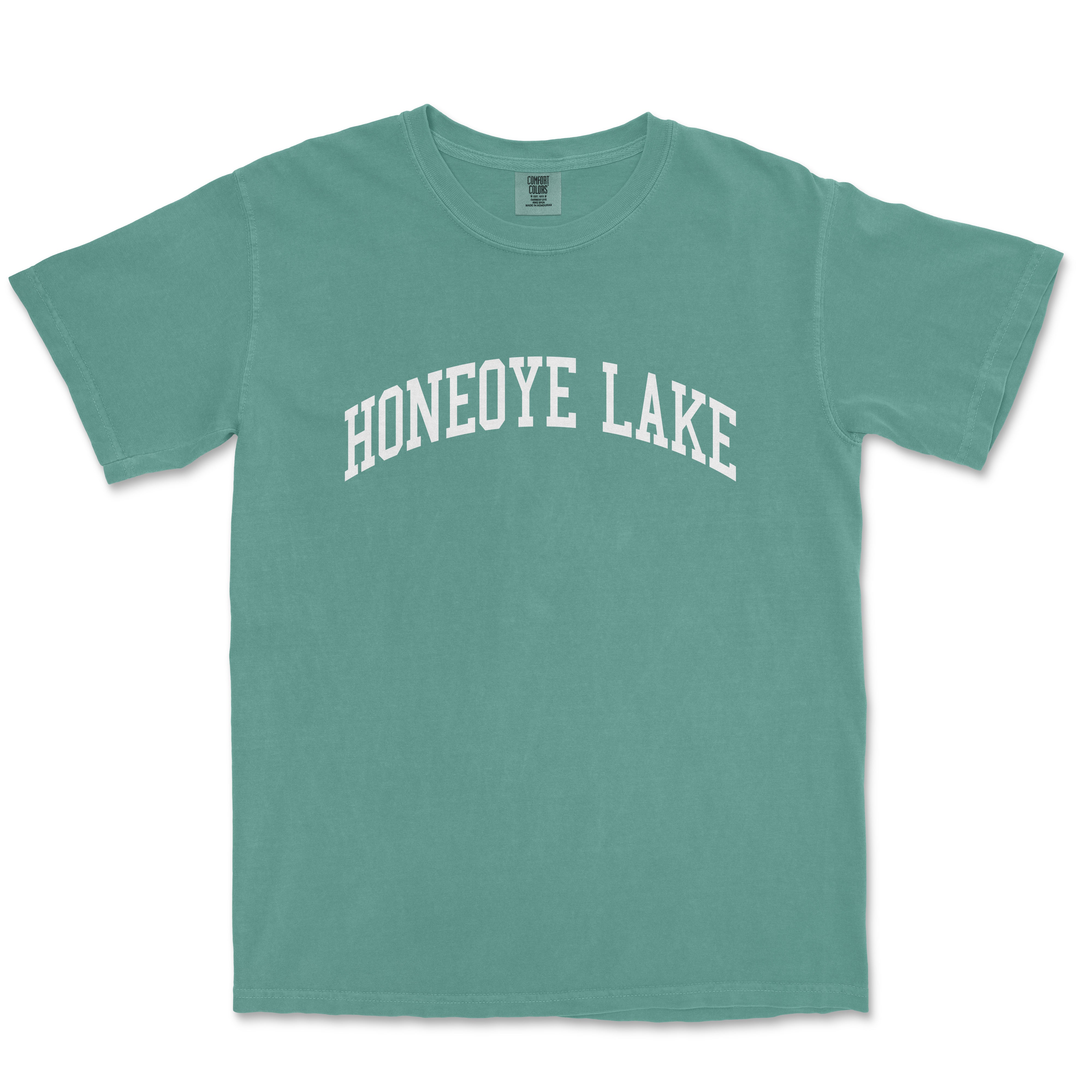 a green t - shirt with the words honeymoon lake on it