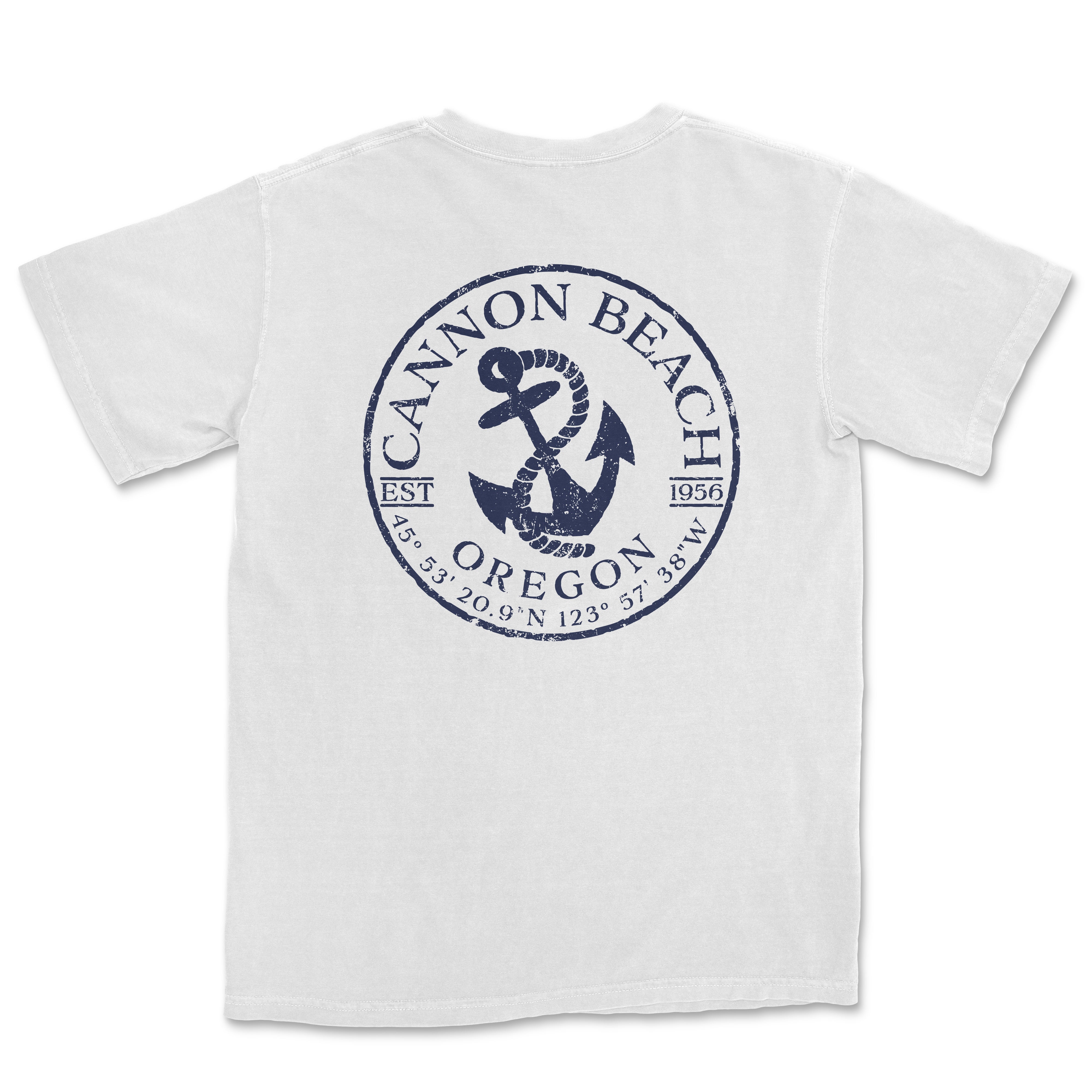 a white t - shirt with an anchor and the words cannon beach on it