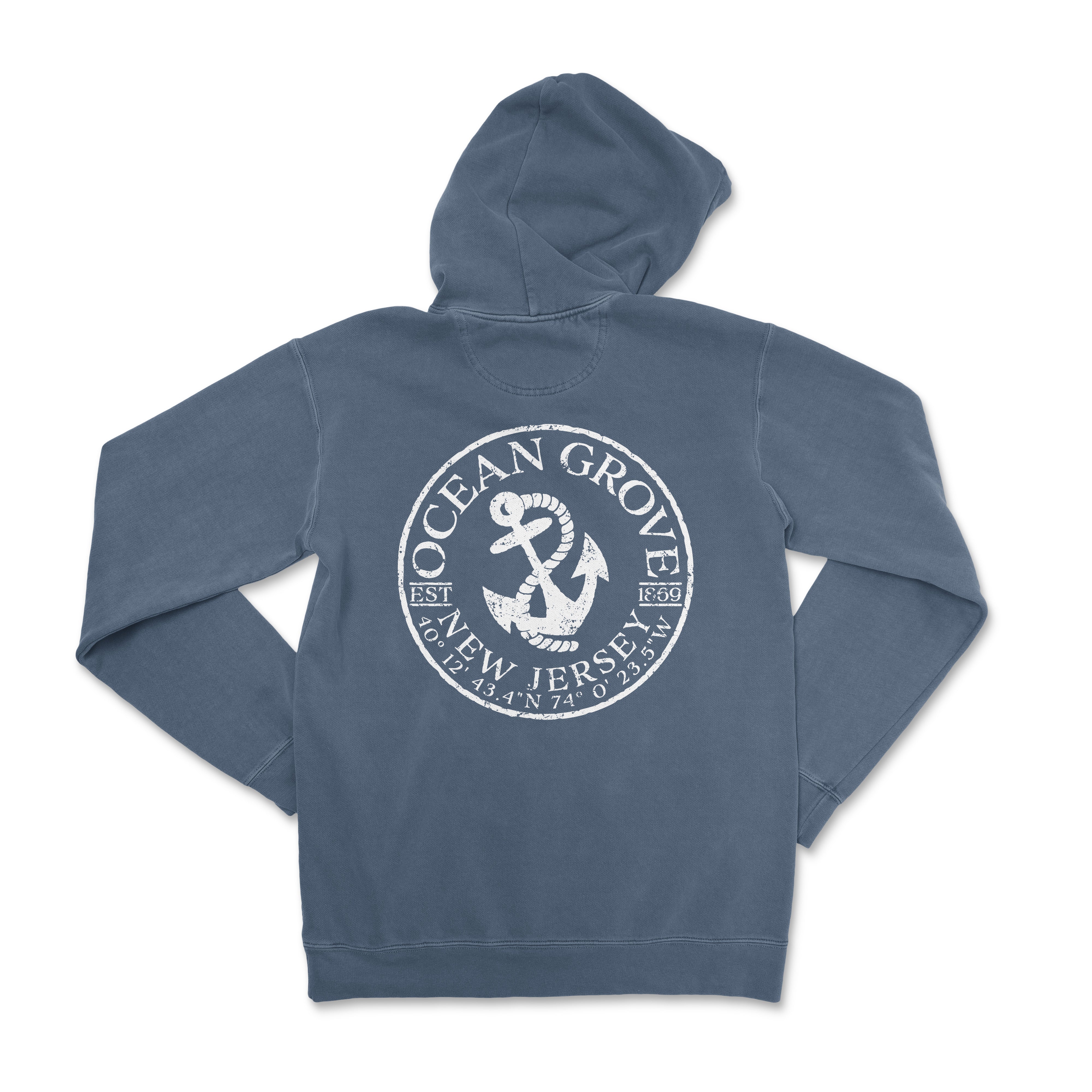 a blue hoodie with an anchor and the words ocean grove on it