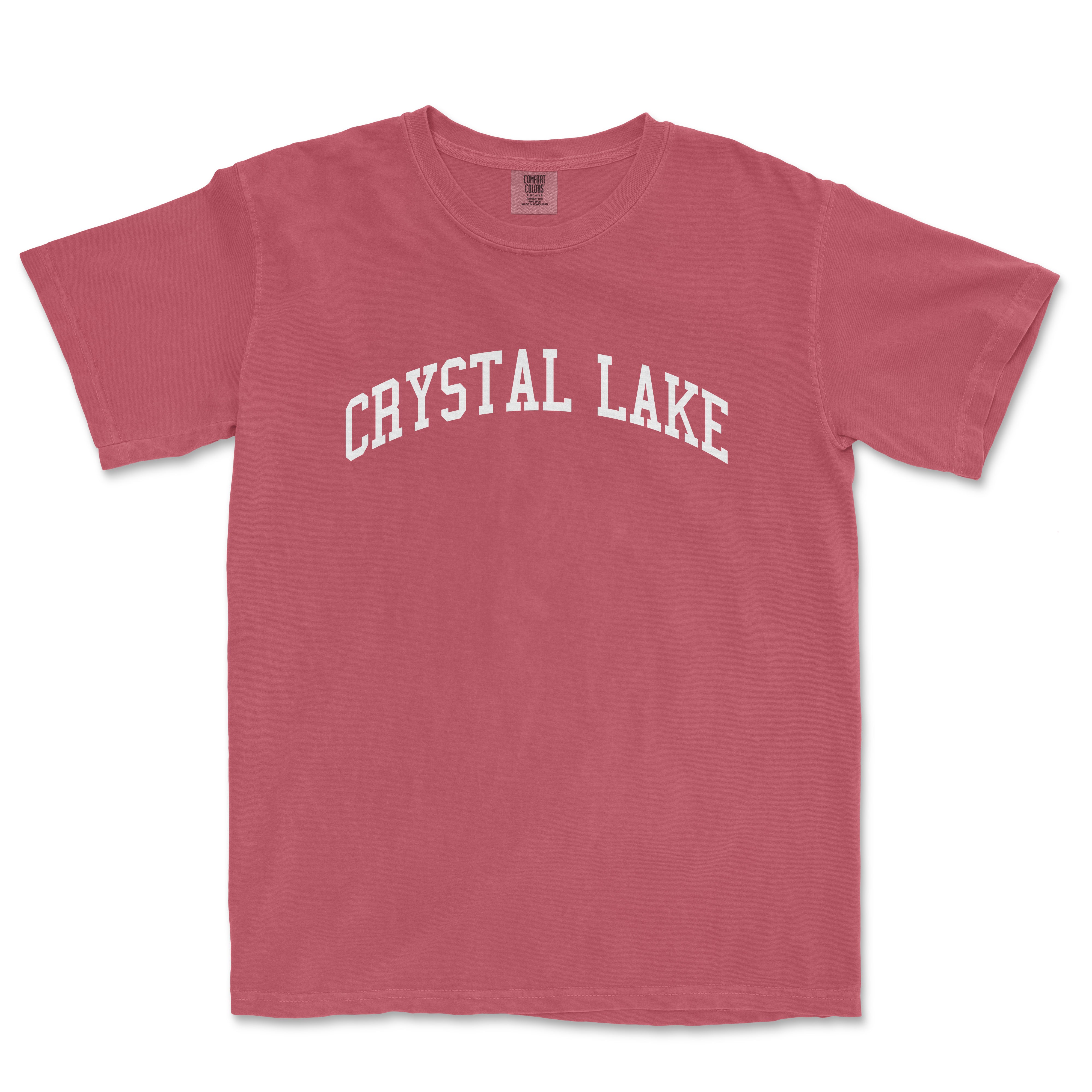 a red shirt with the words crystal lake on it