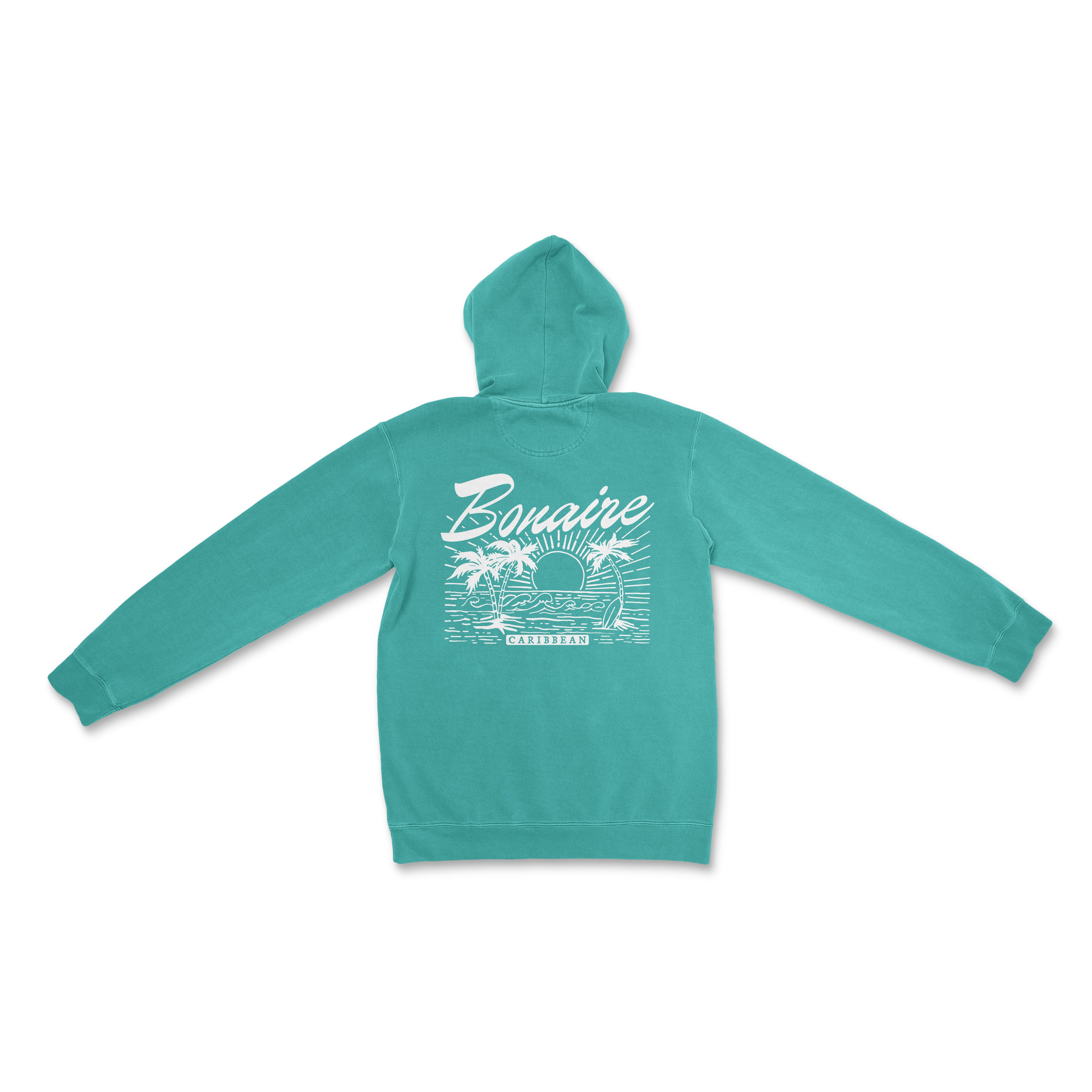 a turquoise hoodie with a palm tree on it