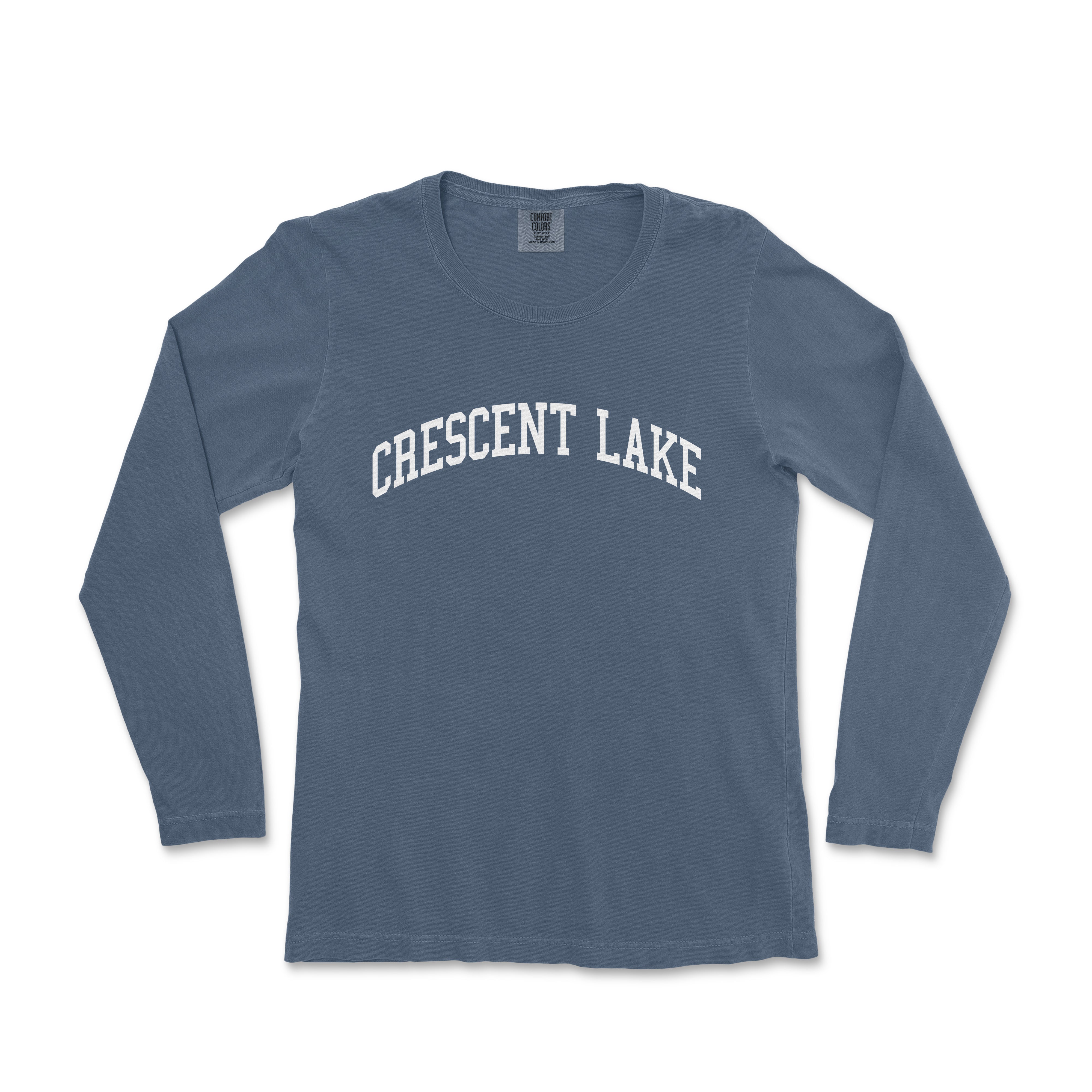 a blue long sleeve shirt that says crescent lake