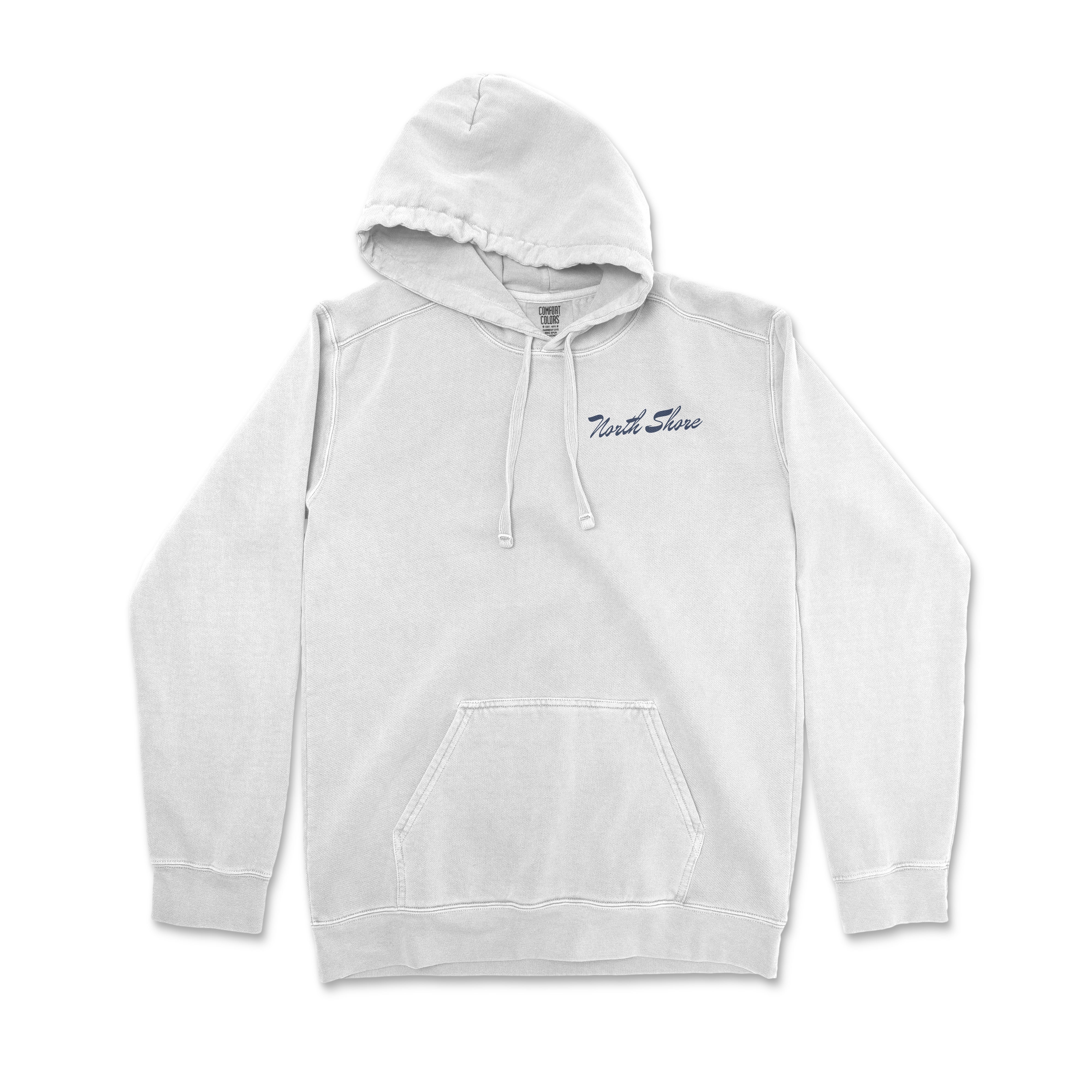 a white hoodie with a blue embroidered logo