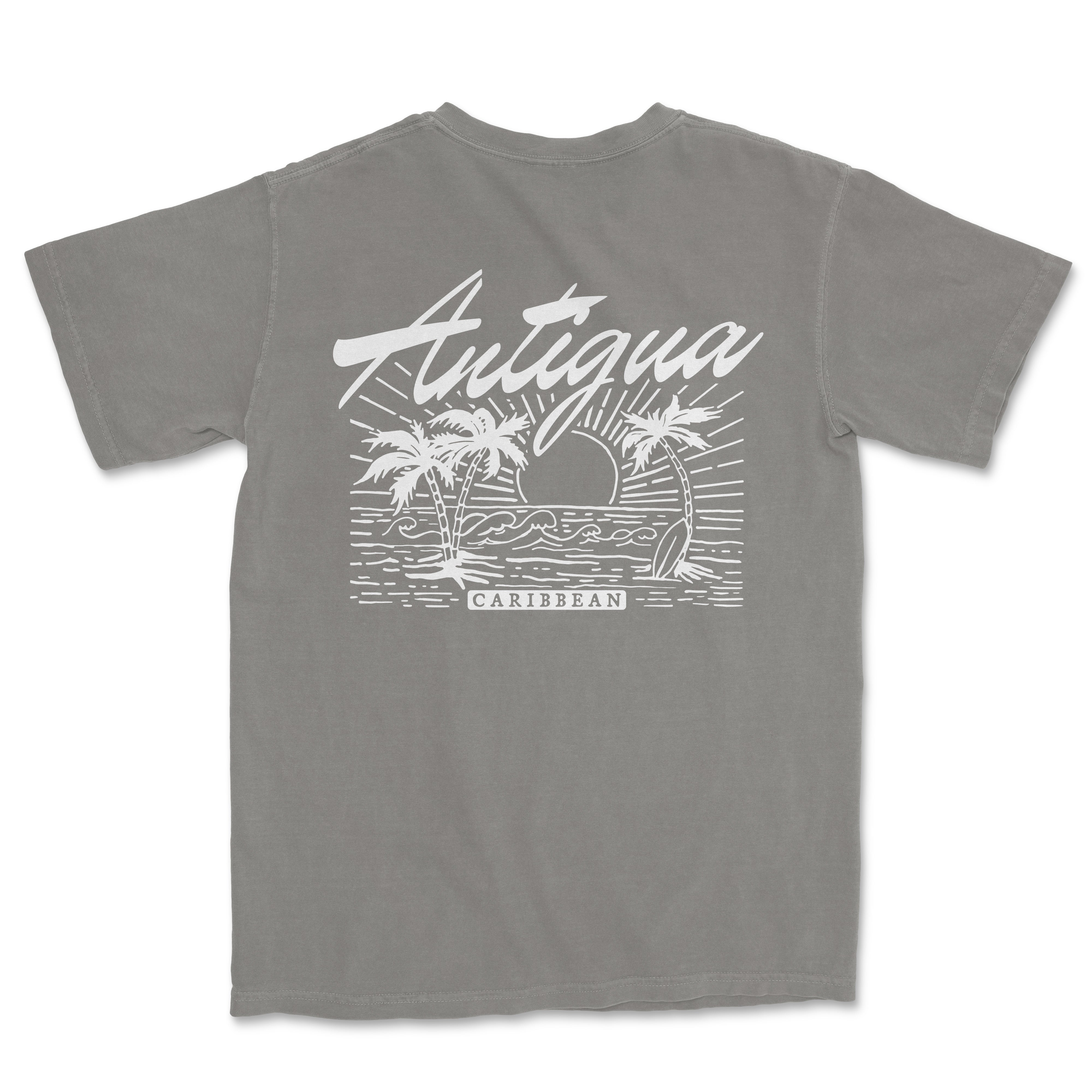 a gray t - shirt with a picture of the ocean and palm trees