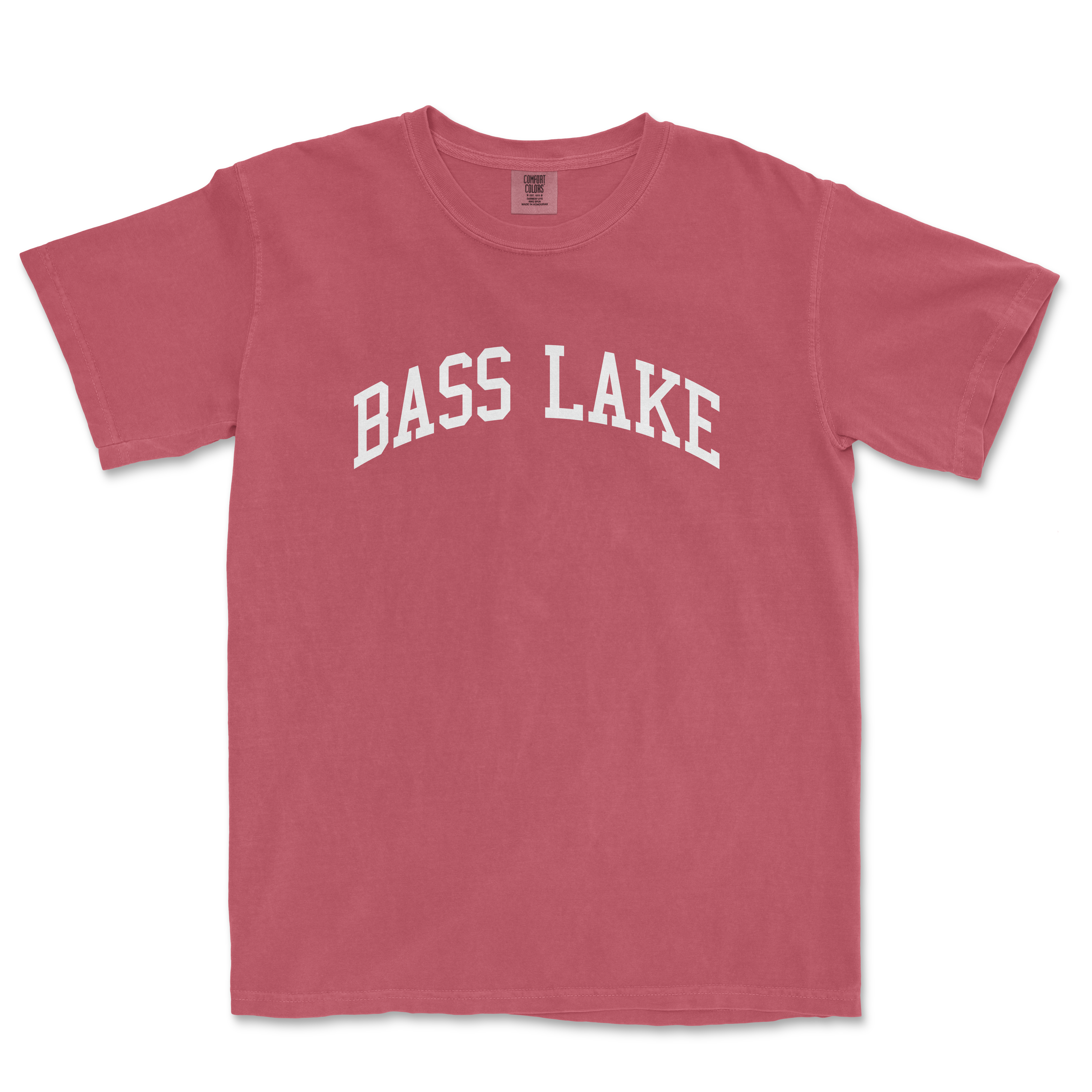 a red t - shirt that says bass lake