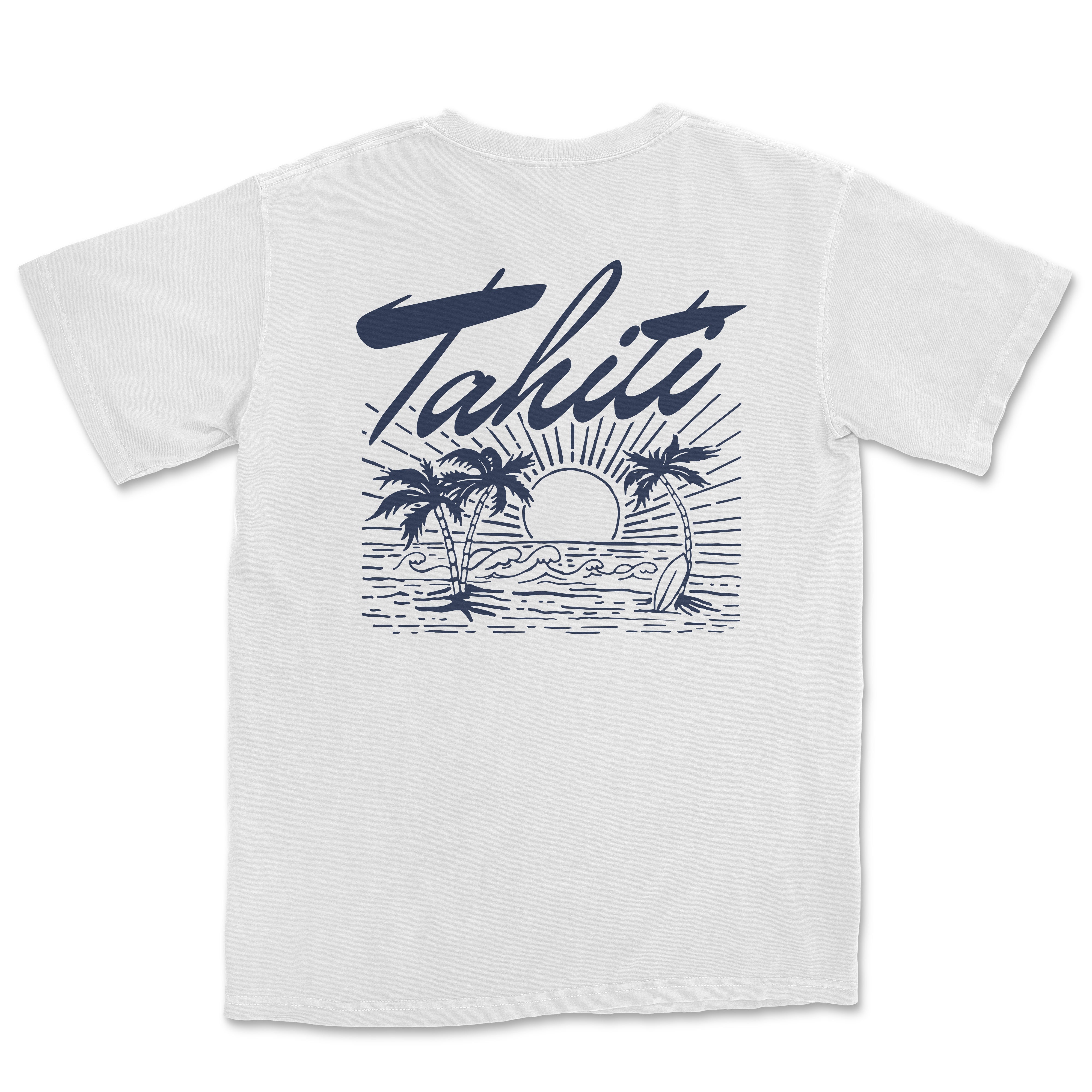 a white t - shirt with a surfboard and palm trees