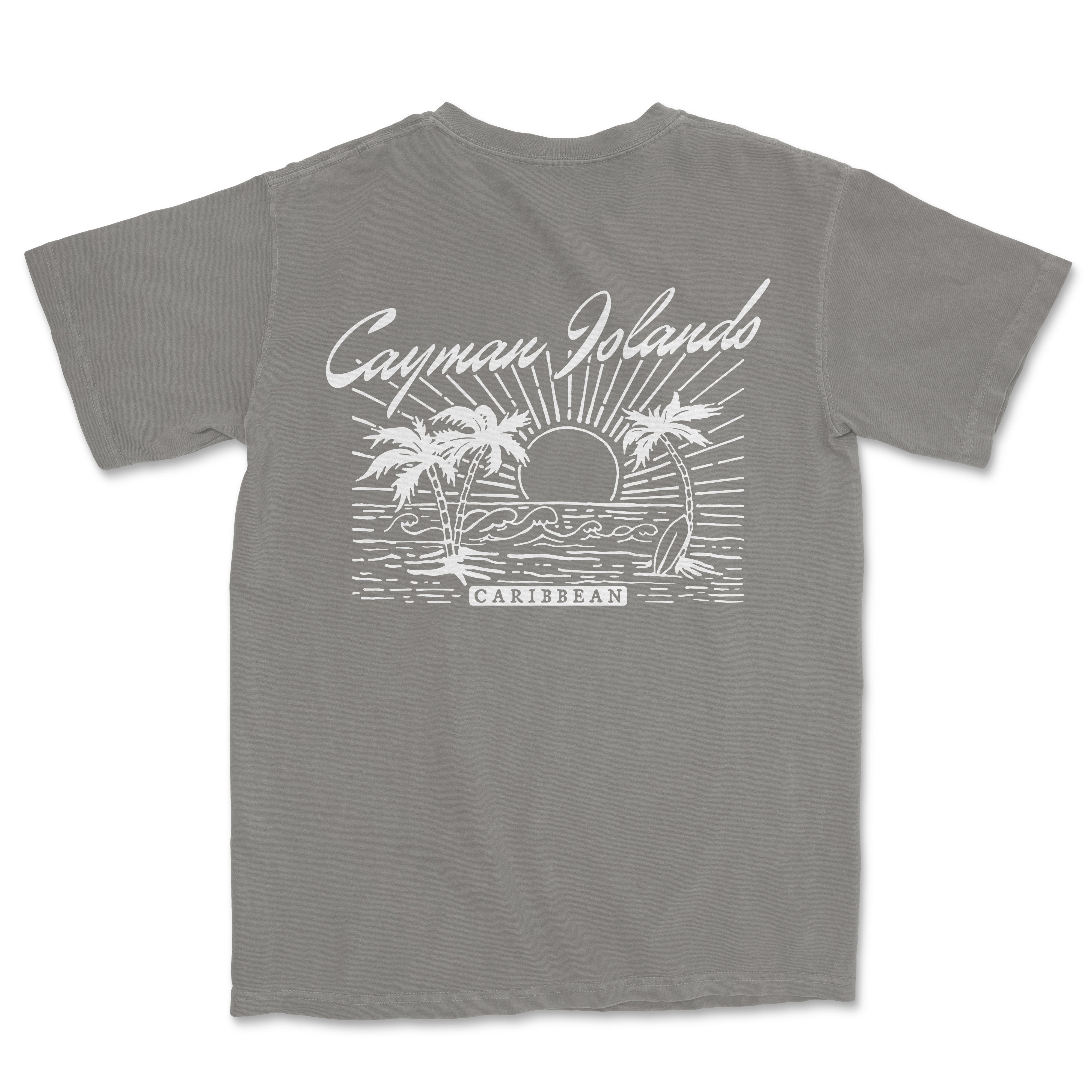 a gray t - shirt with a picture of a sunset and palm trees