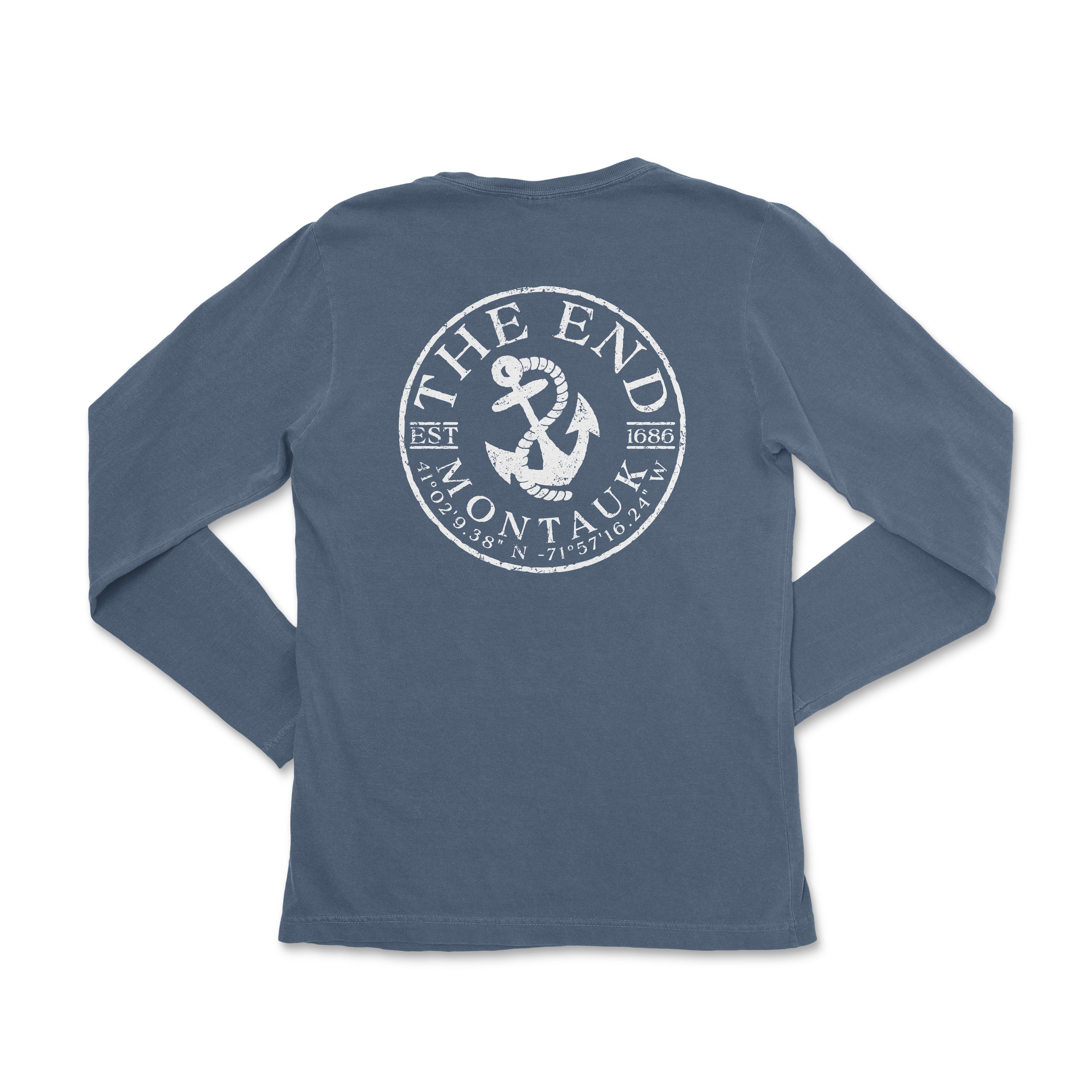 the back of a blue long sleeve shirt with an anchor on it