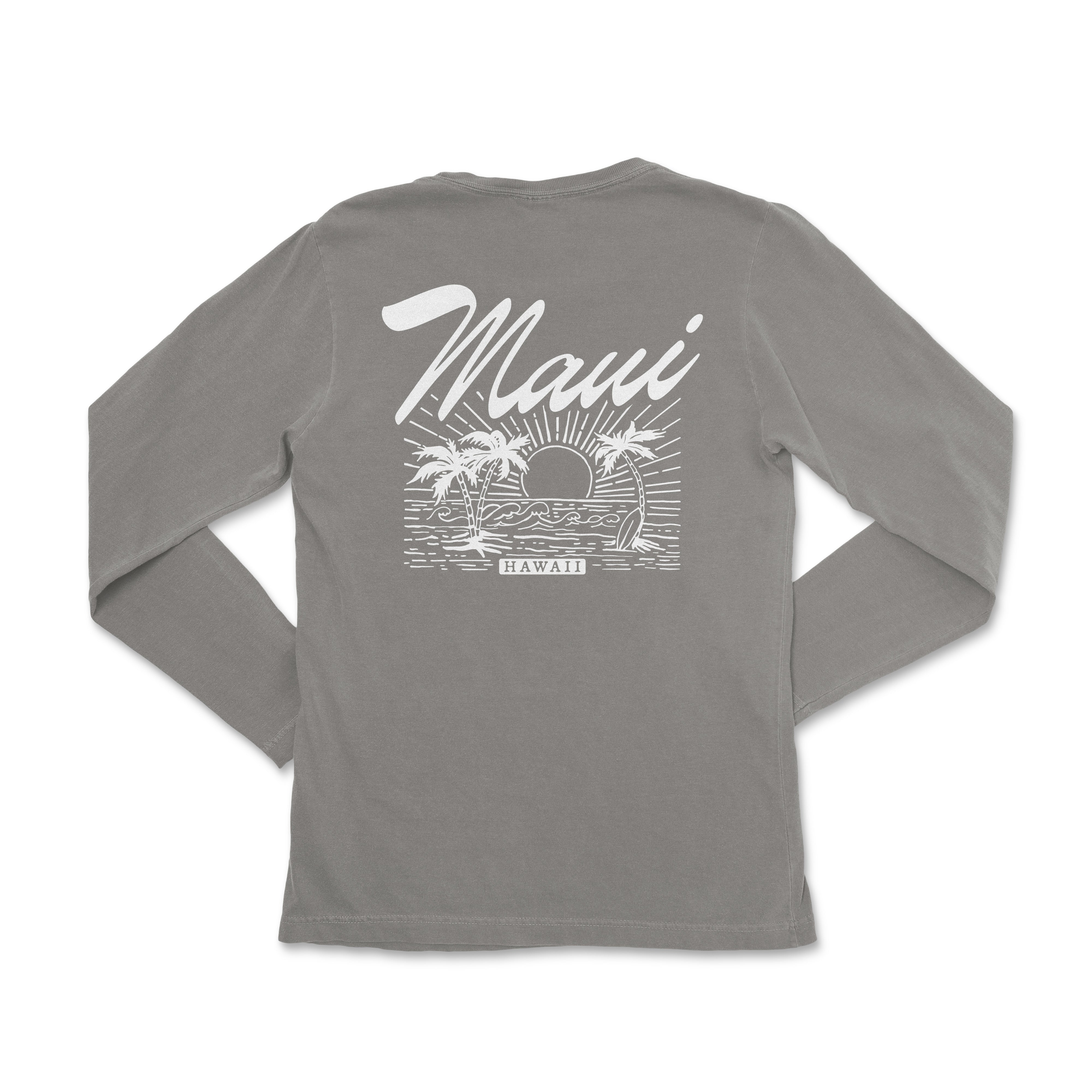 the back of a gray long sleeve shirt with the words, mauuu