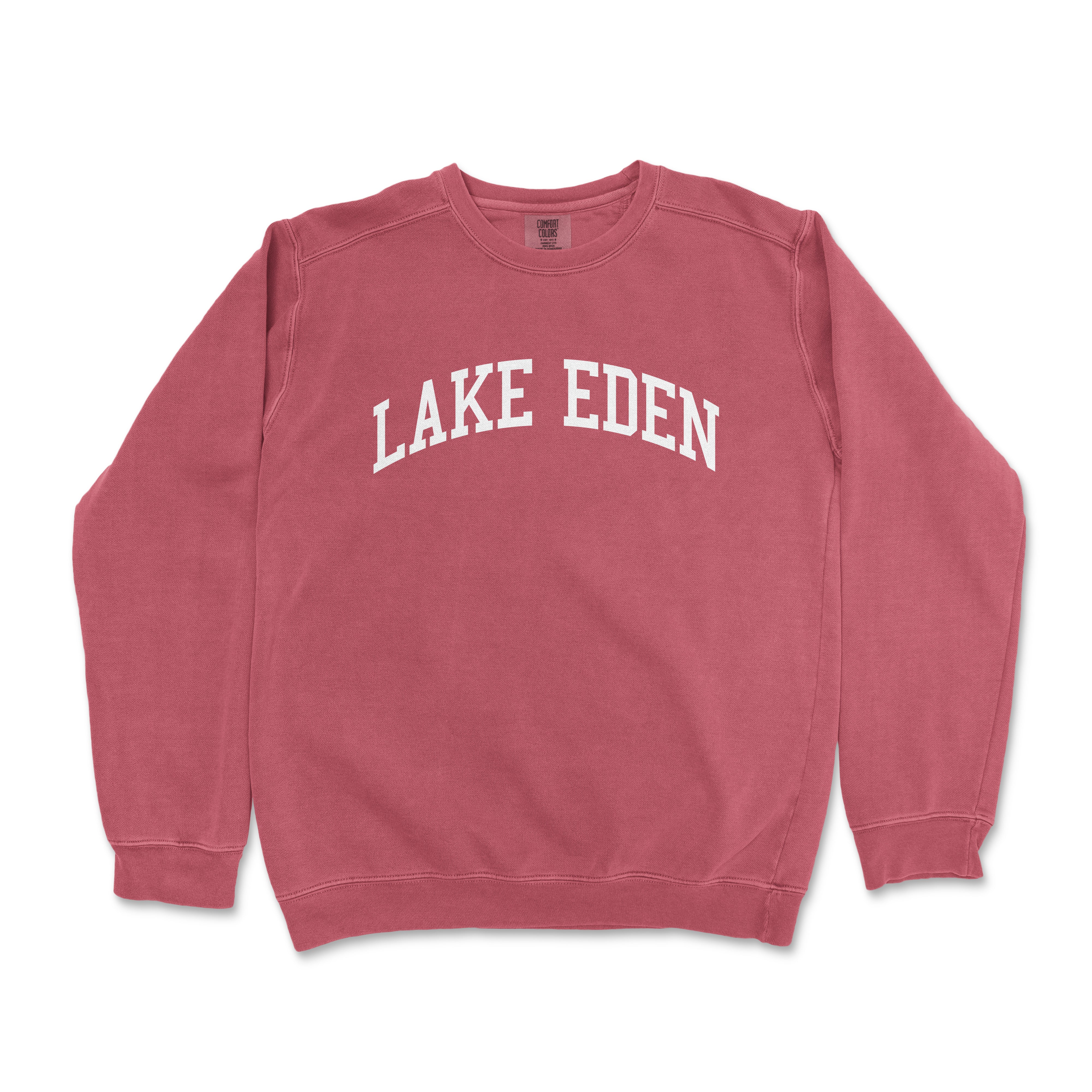 a red sweatshirt with the word lake eden printed on it