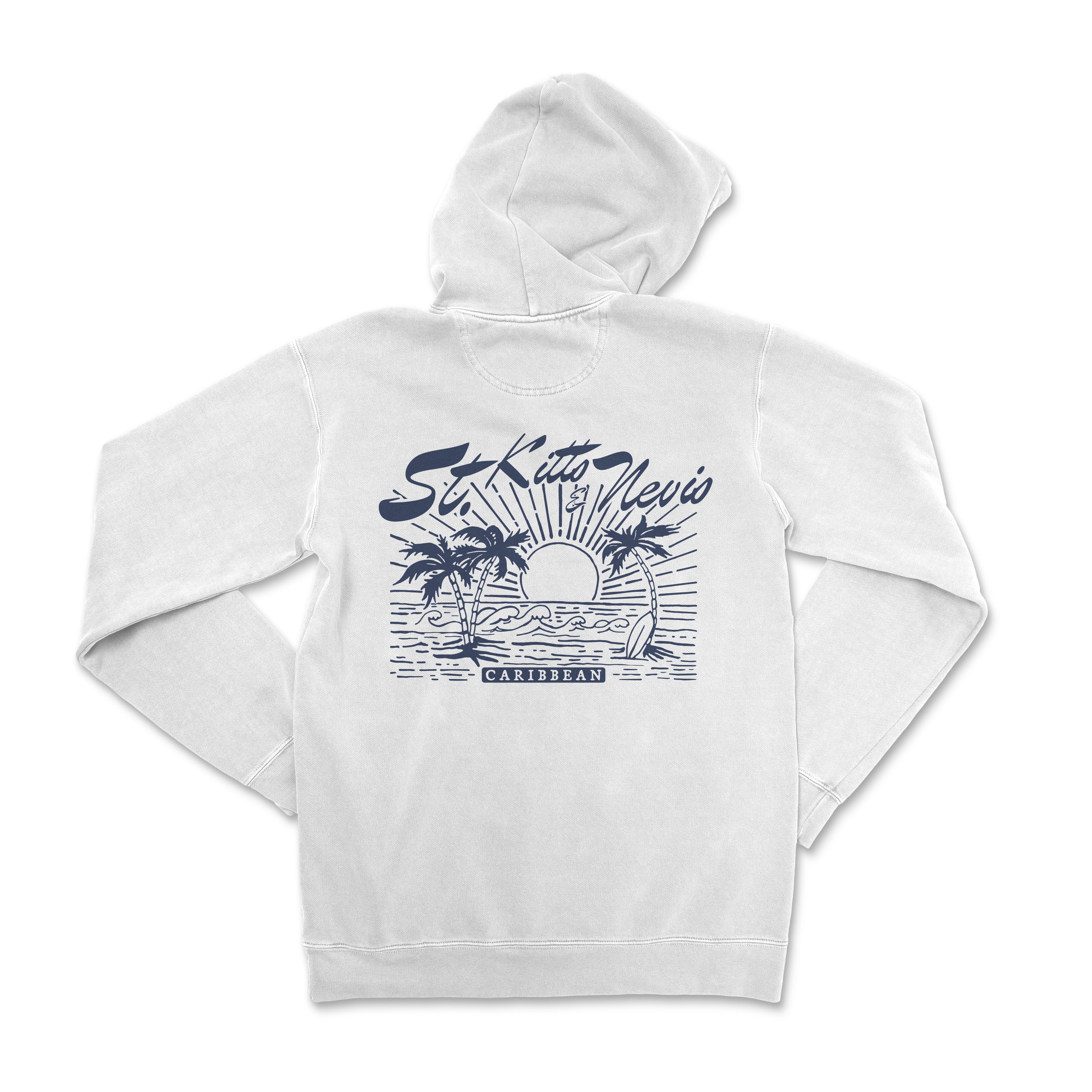 a white hoodie with a palm tree and sun on it