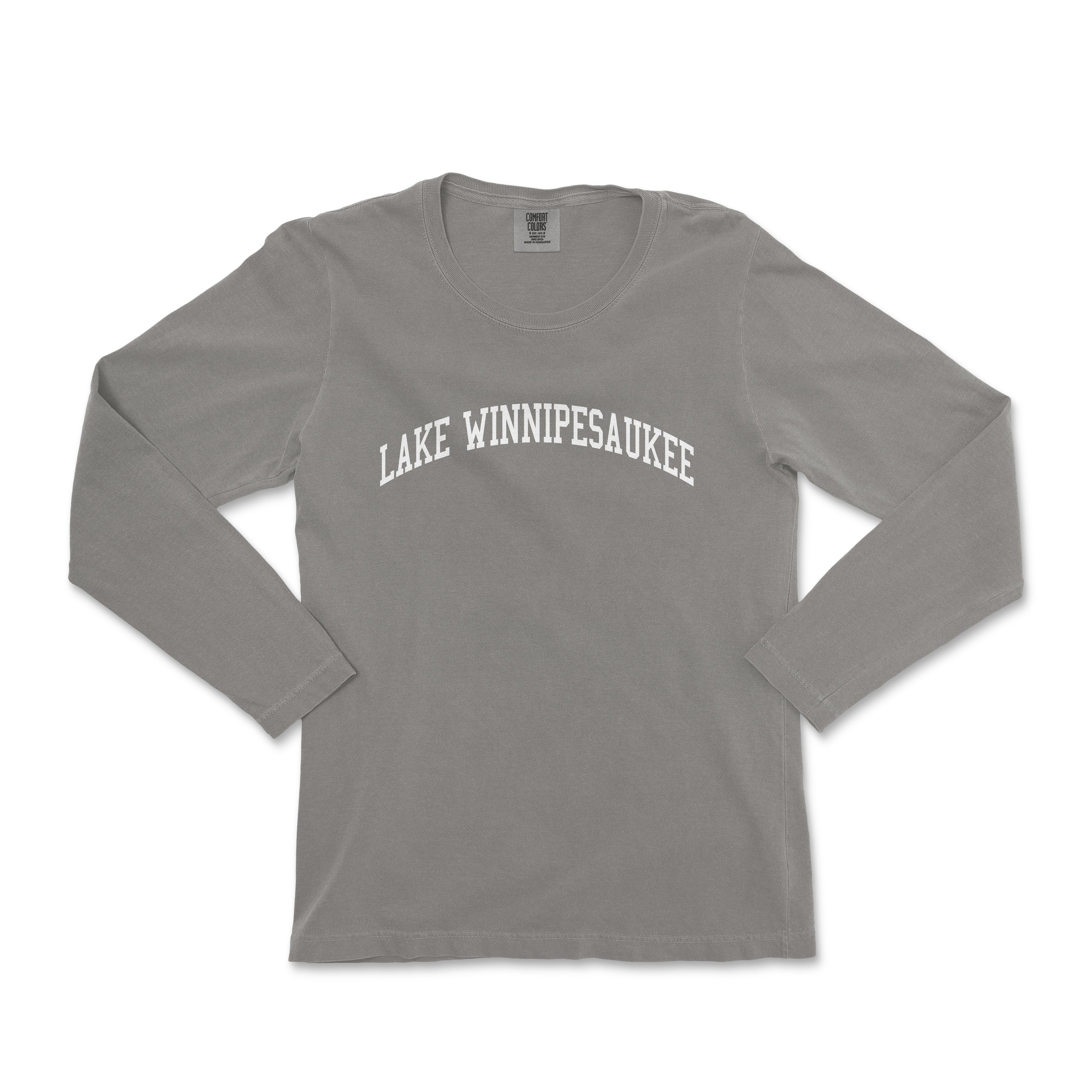 a gray long sleeve shirt with the words lake winnepeakee on it