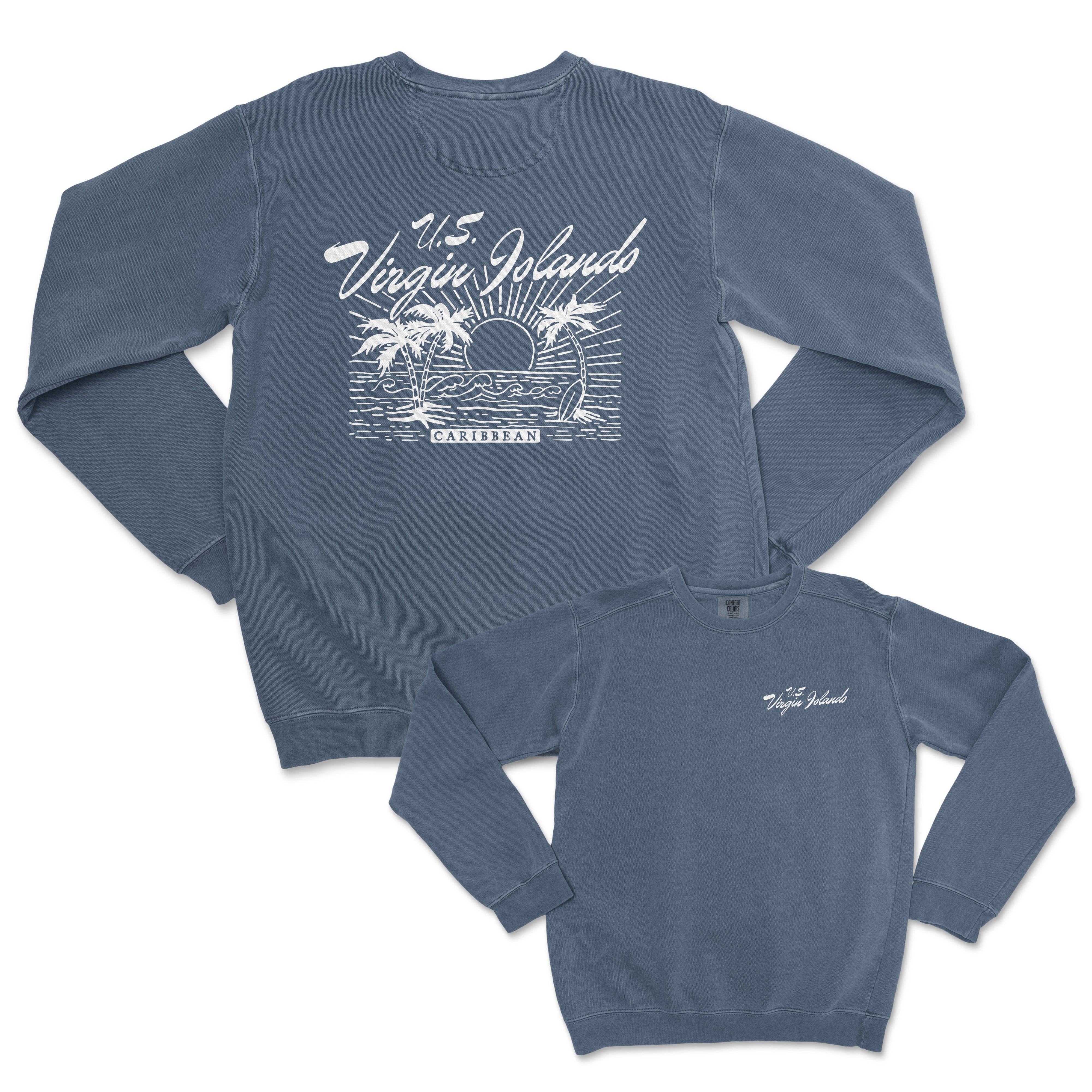 the back of a blue sweatshirt with an image of a sunset and palm trees