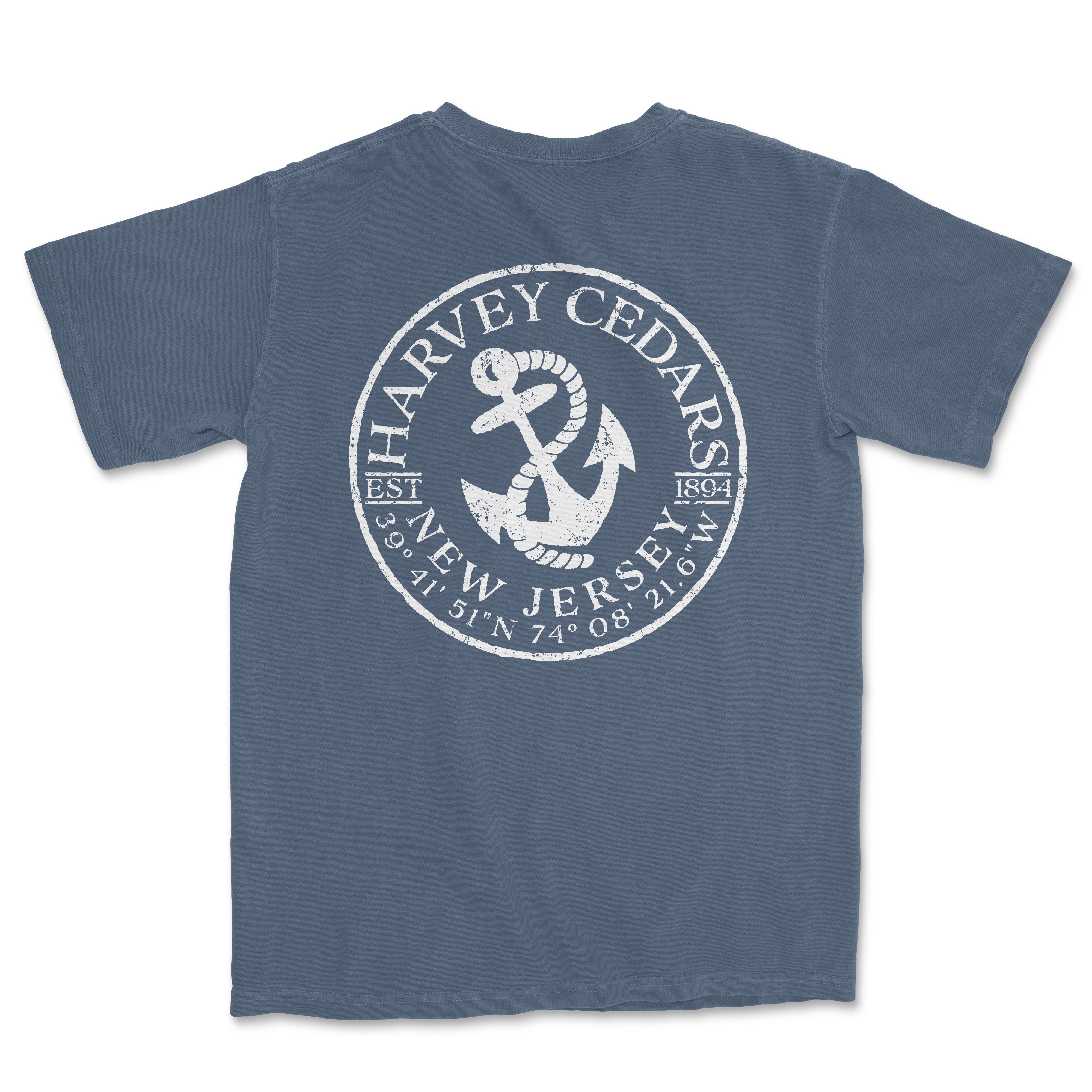 a blue t - shirt with an anchor and the words harvey cedars on it