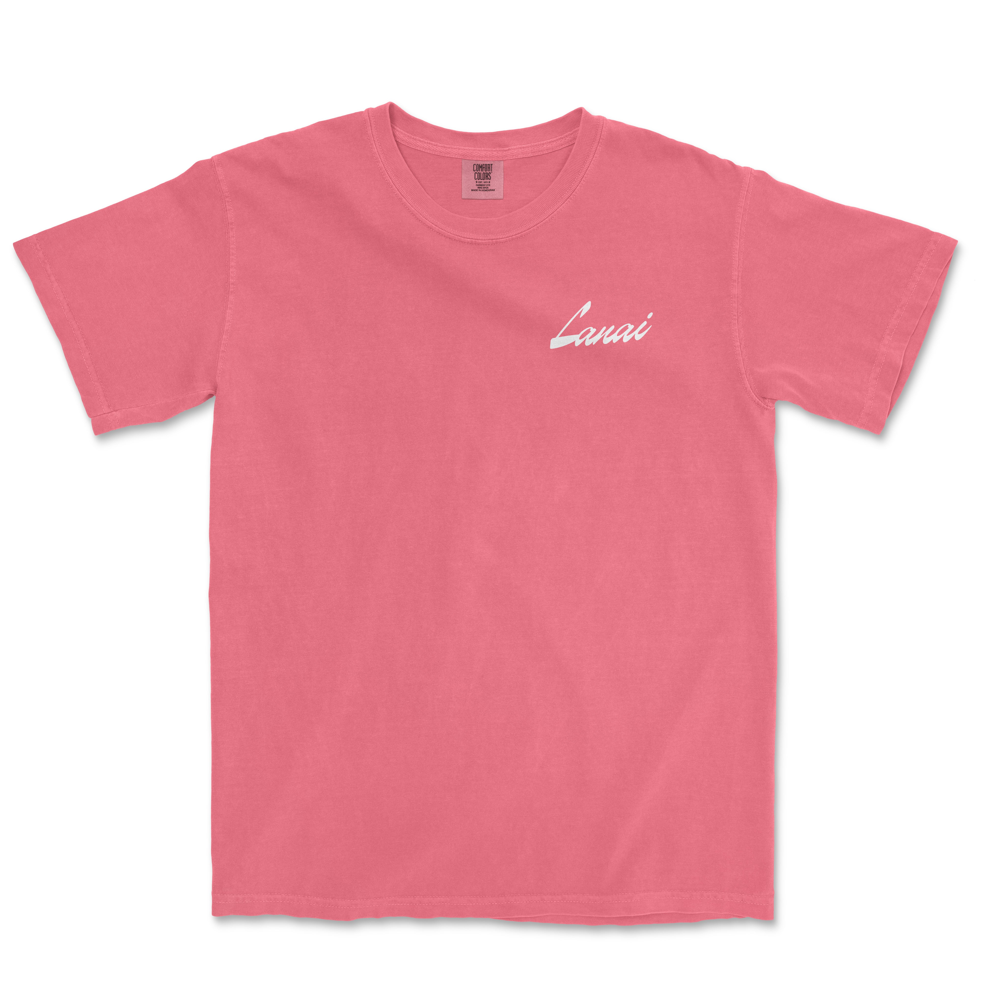 a pink t - shirt with a small white logo on the chest