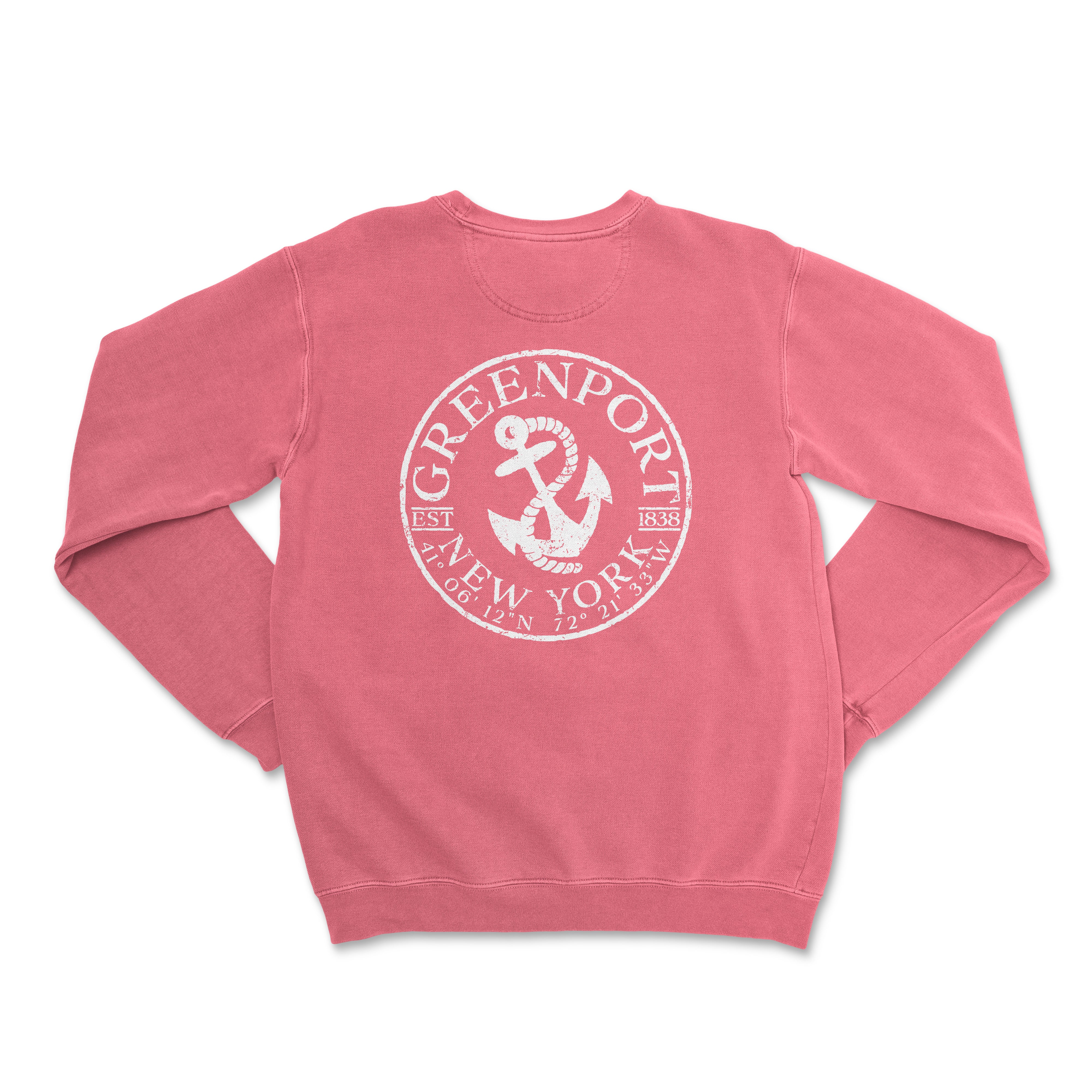 a pink crew neck sweatshirt with a white logo