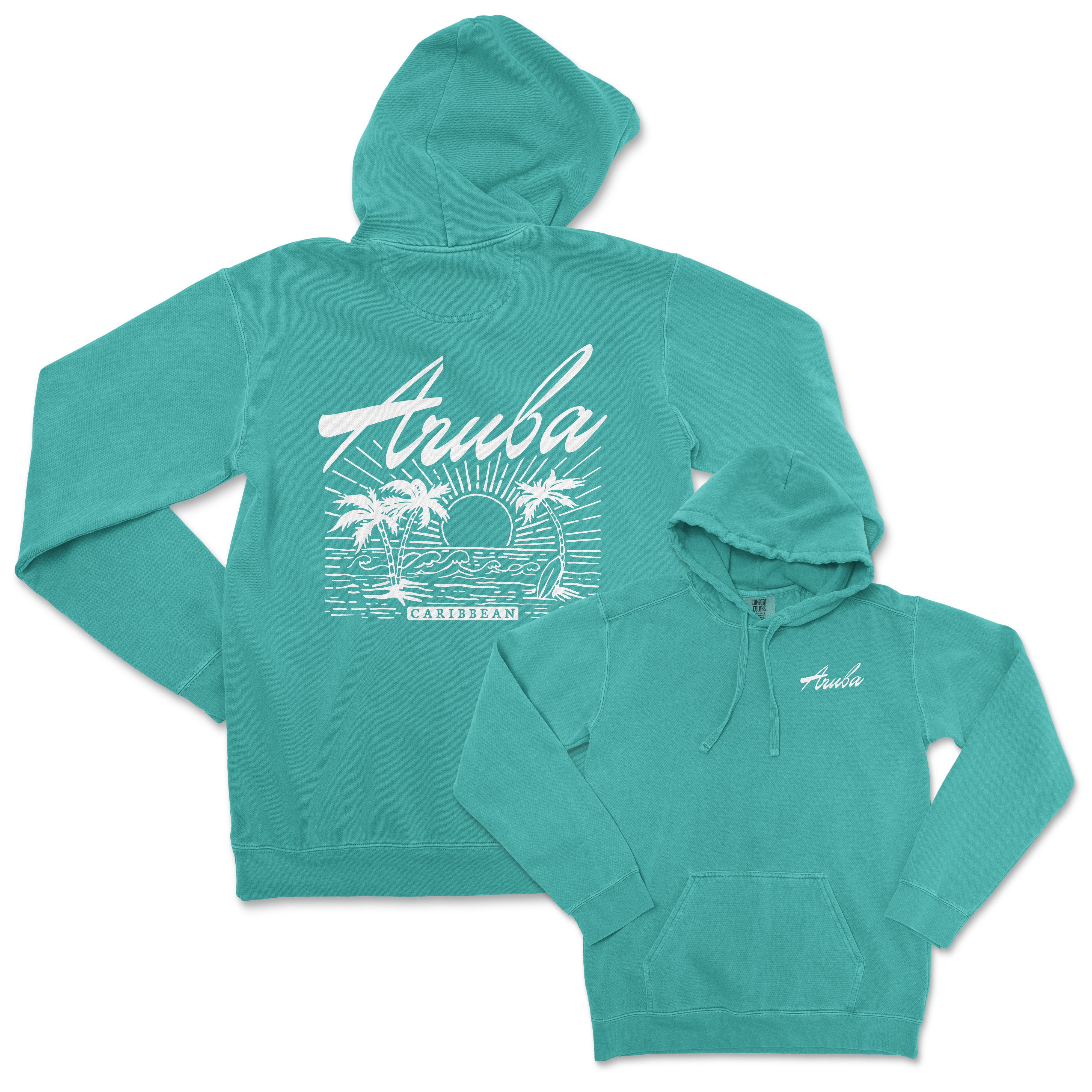 a turquoise hoodie with a picture of a beach and palm trees