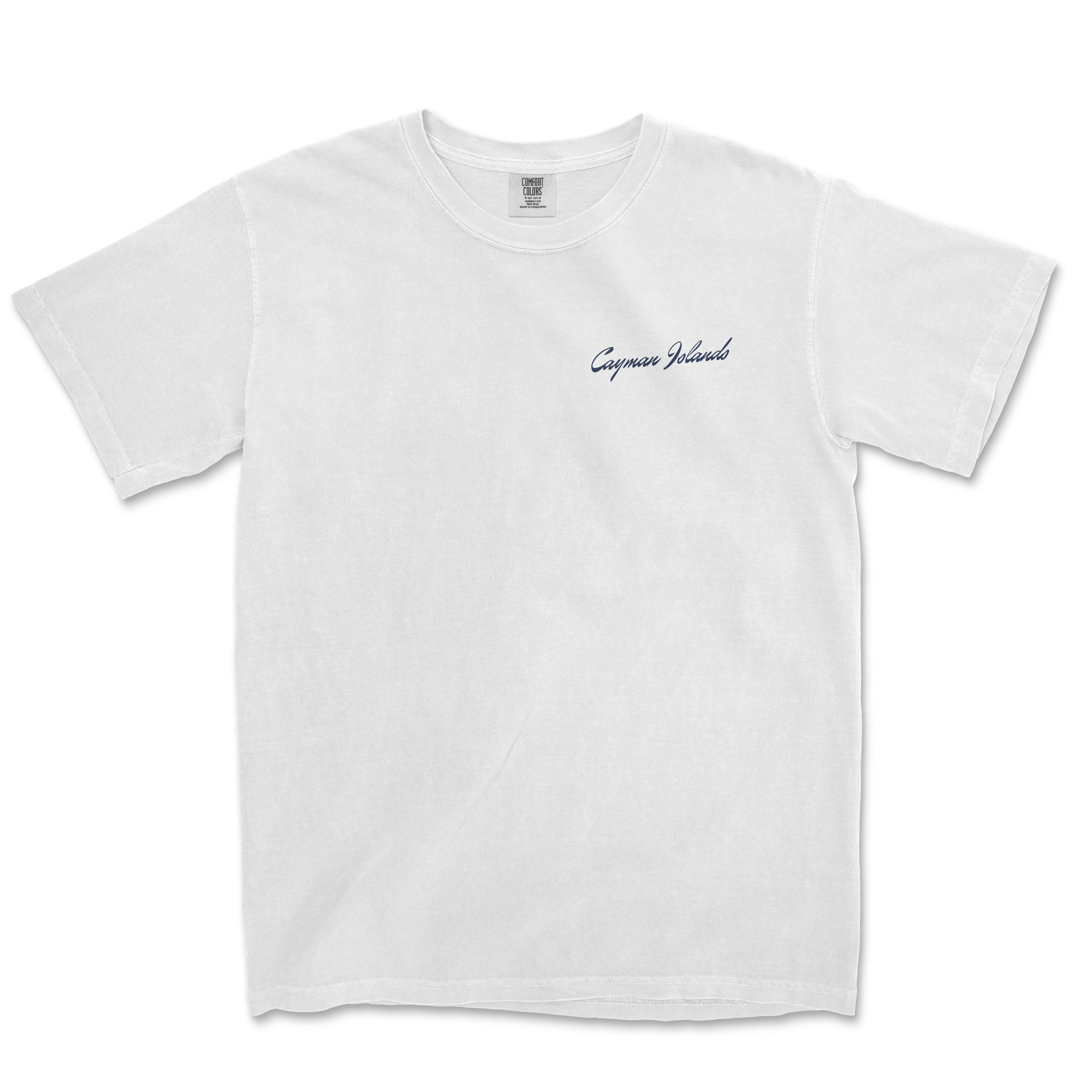 a white t - shirt with a blue logo on the chest