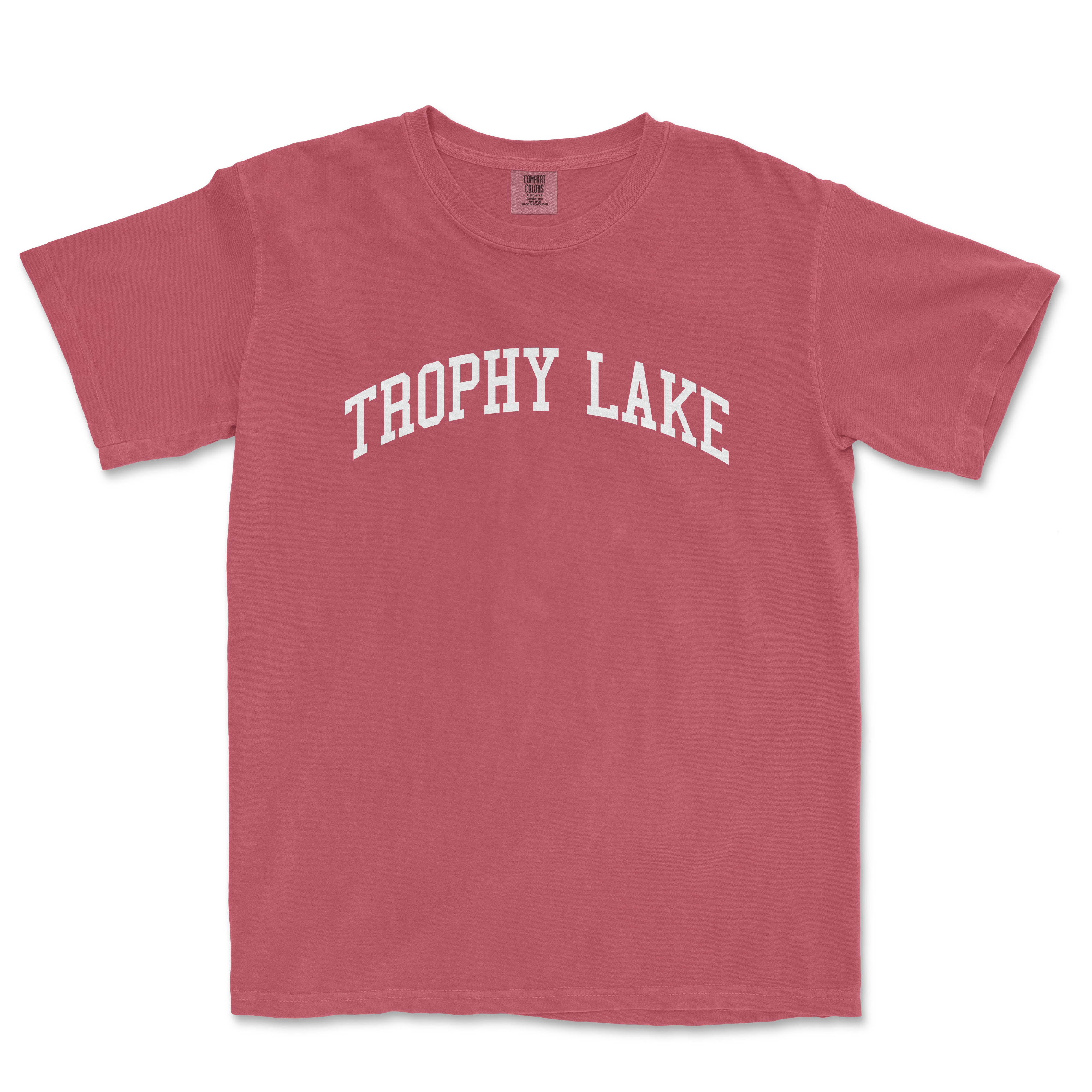 a red t - shirt that says trophy lake