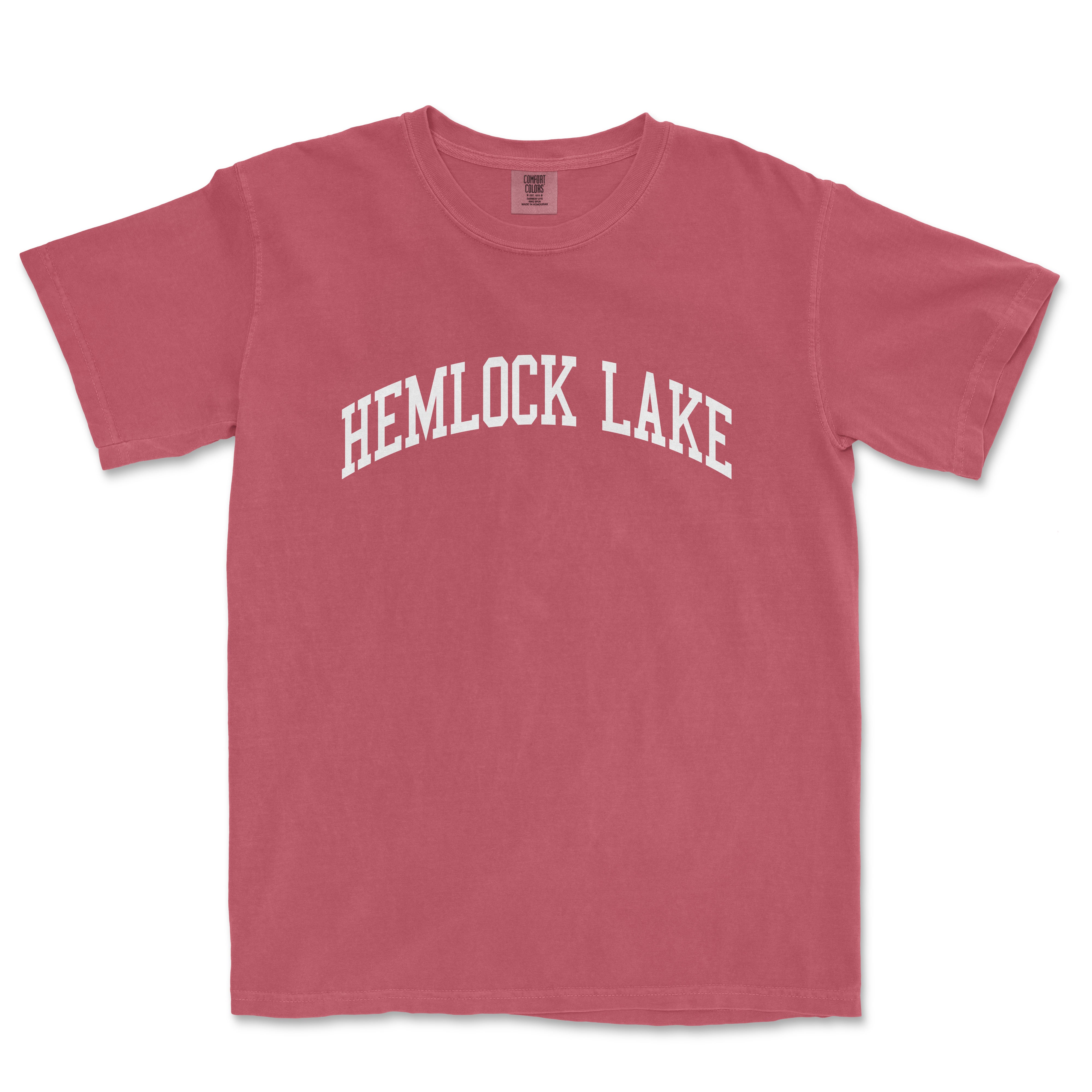 a red t - shirt that says hemlock lake