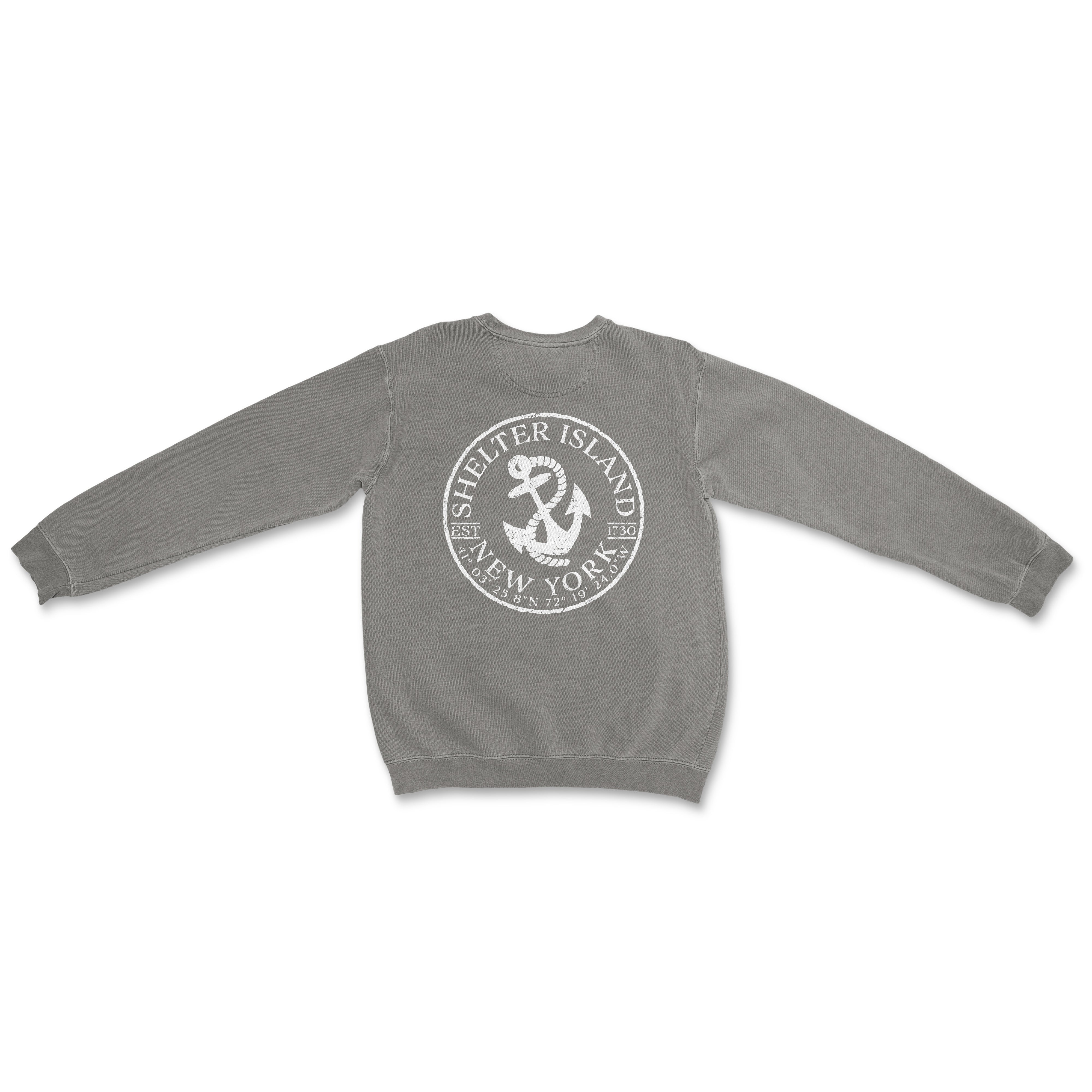 a grey sweatshirt with a white logo on it