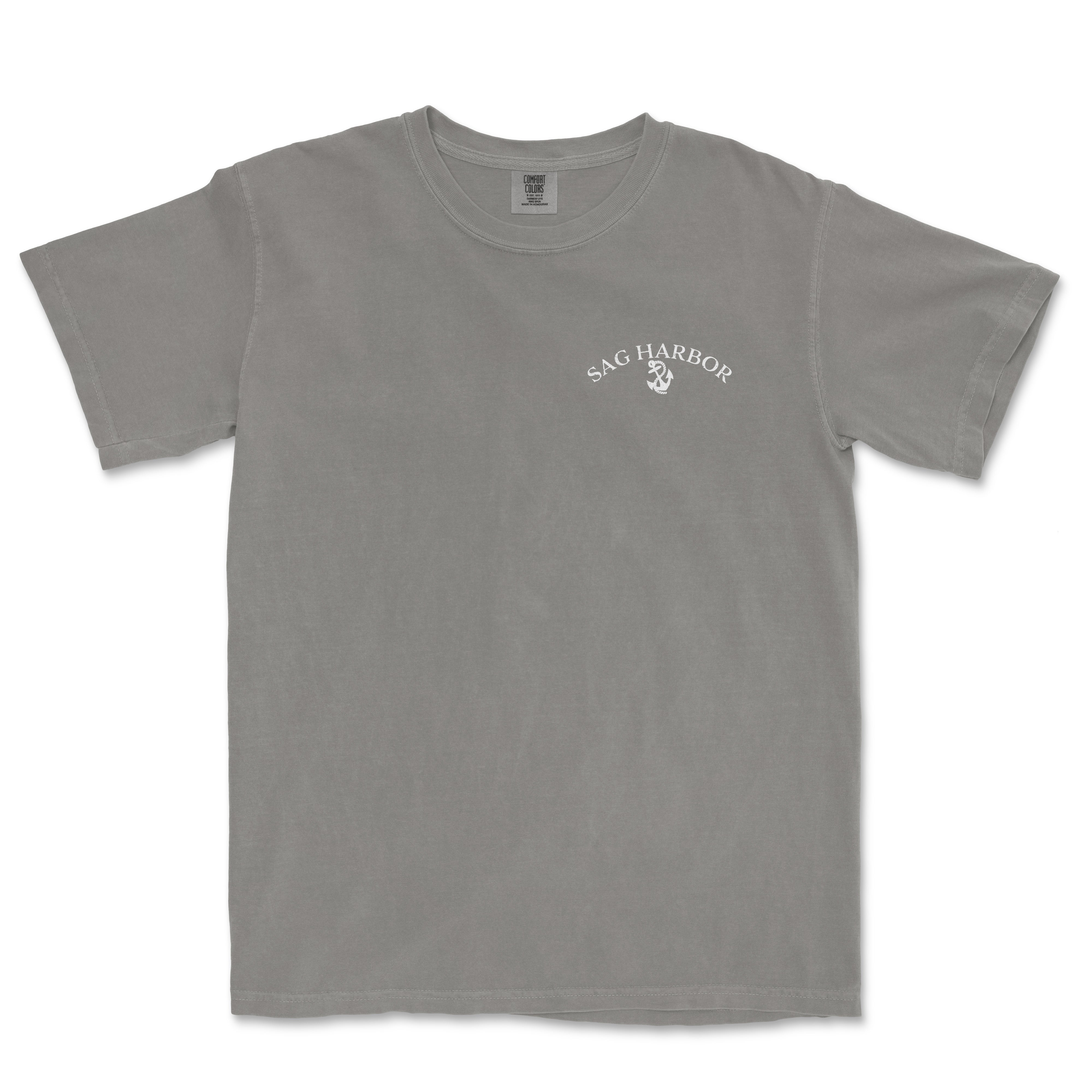 a gray t - shirt with a white logo on it