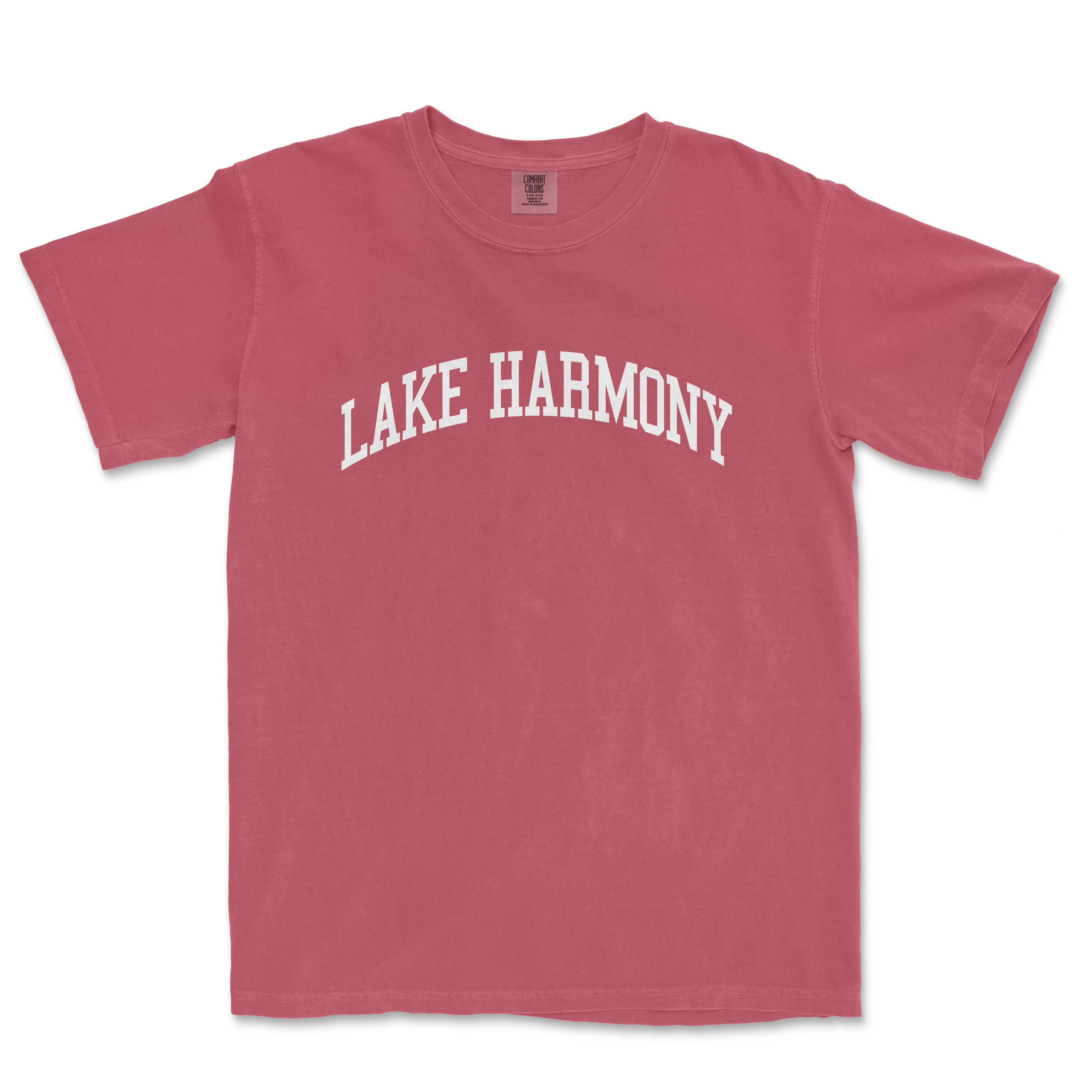 a red shirt with the words lake harmony on it