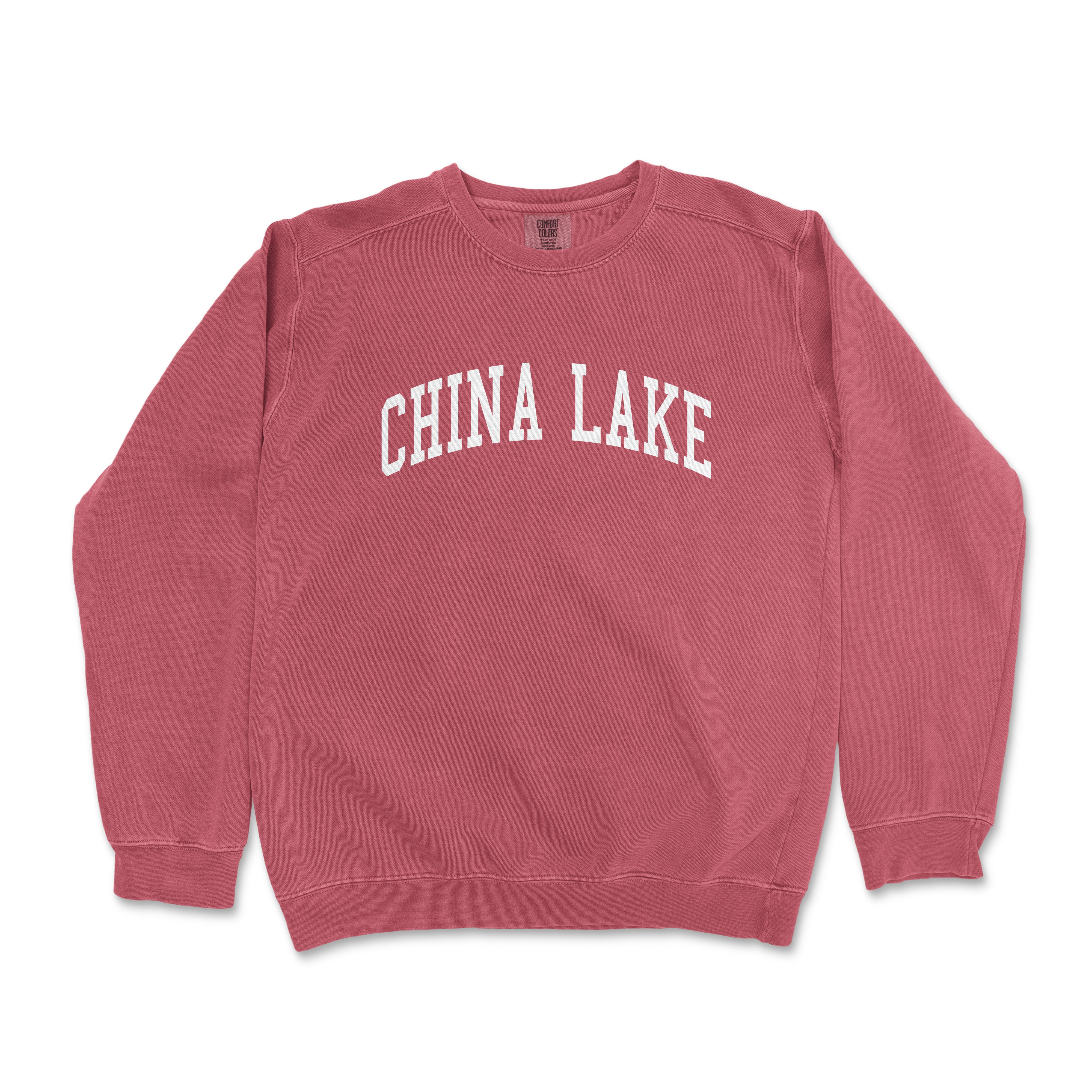 a red sweatshirt with the word china lake printed on it