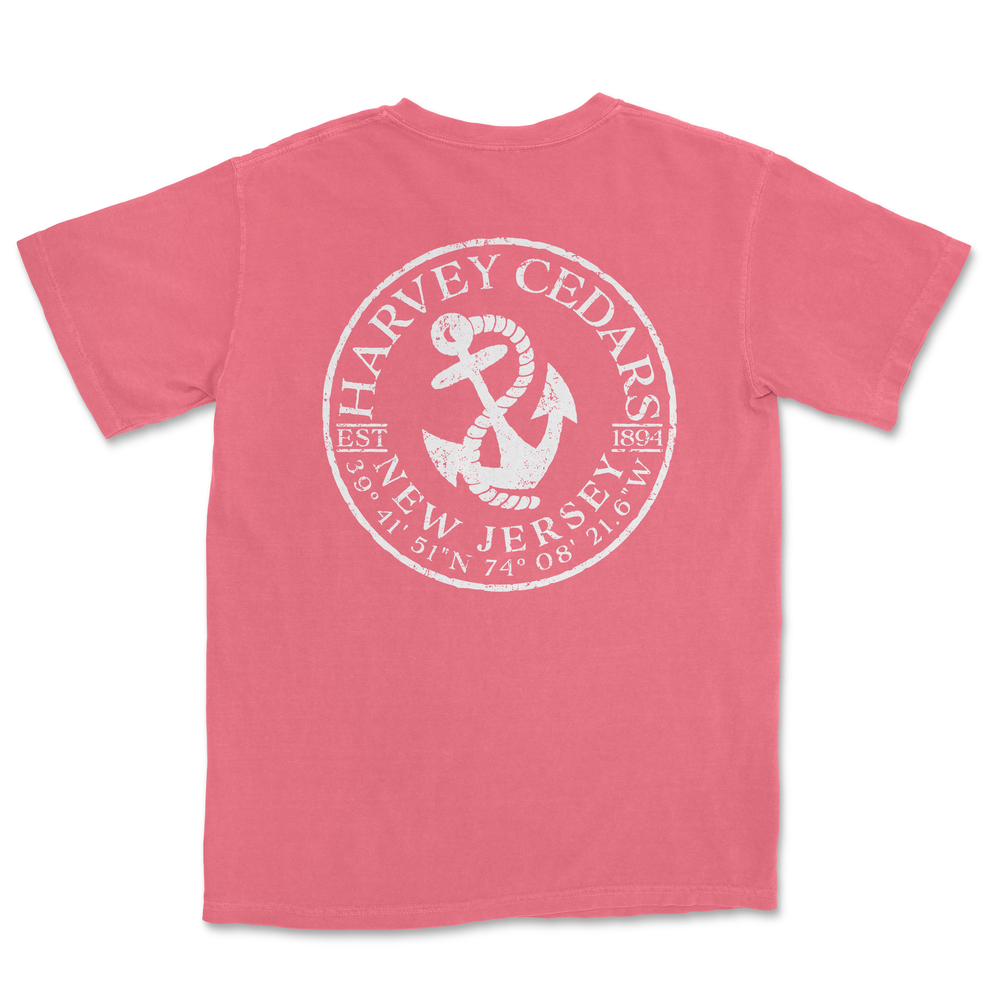 a pink t - shirt with an anchor and the words harvey cedars on it