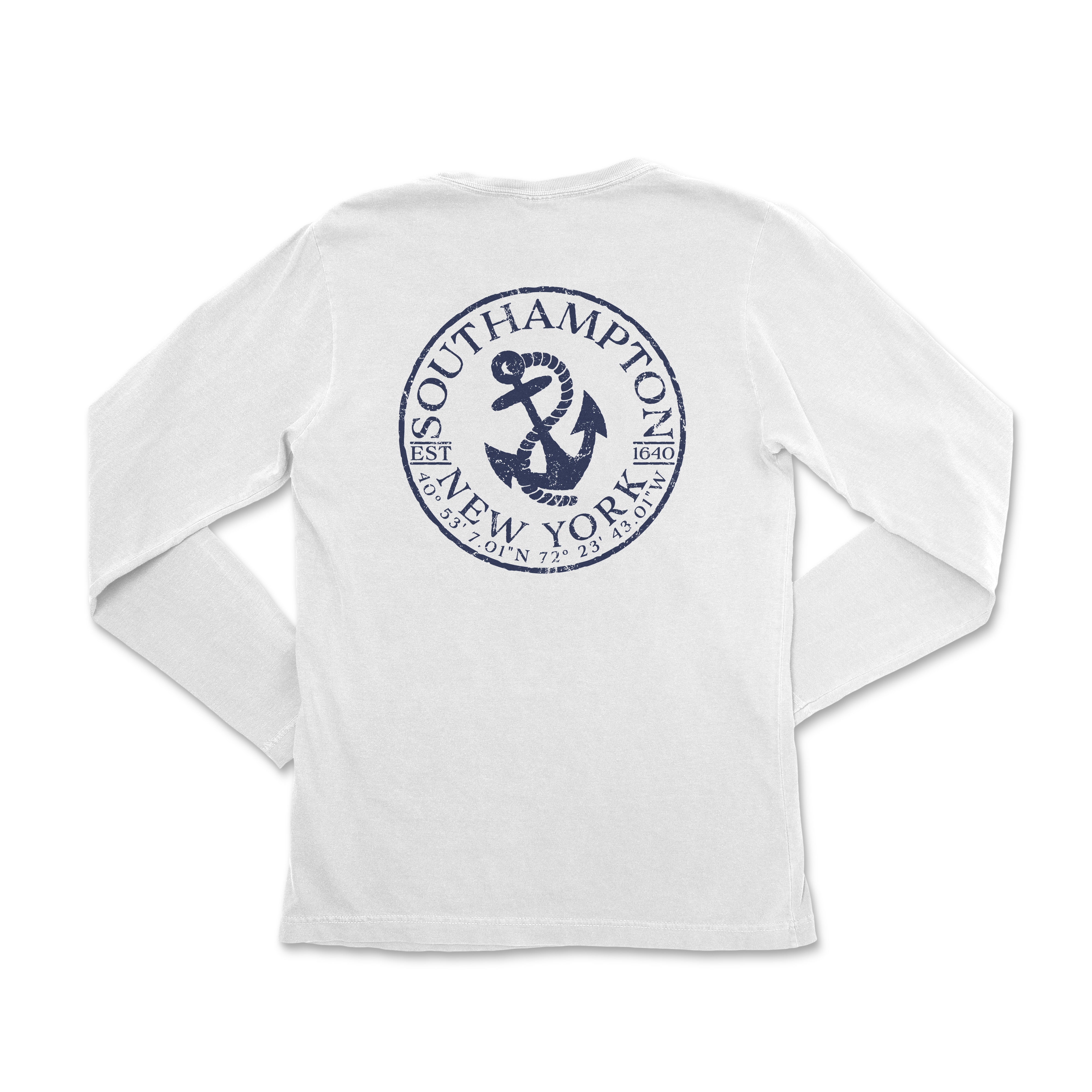 a white long - sleeved shirt with a blue anchor on it