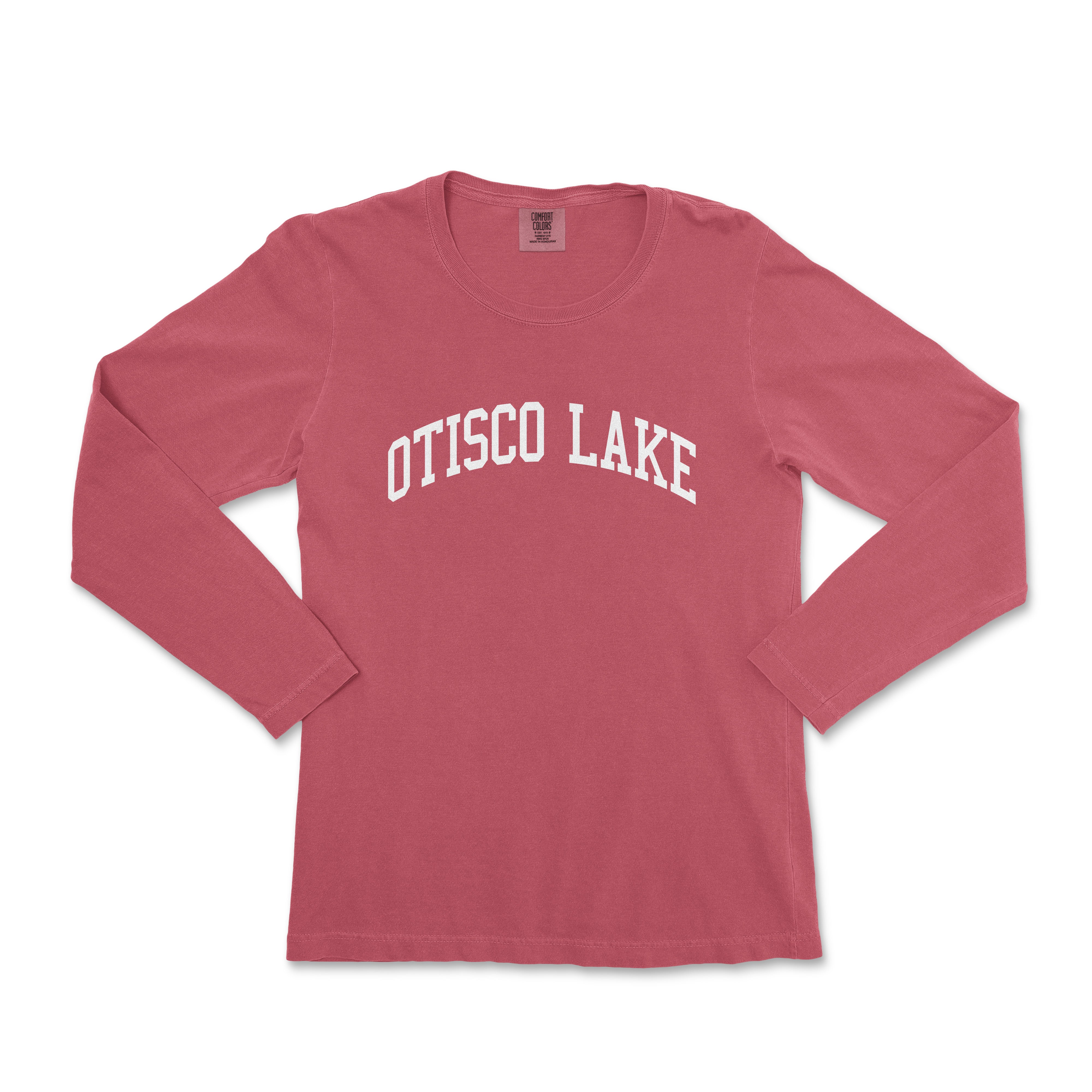 a red long sleeve shirt with the words otsco lake on it