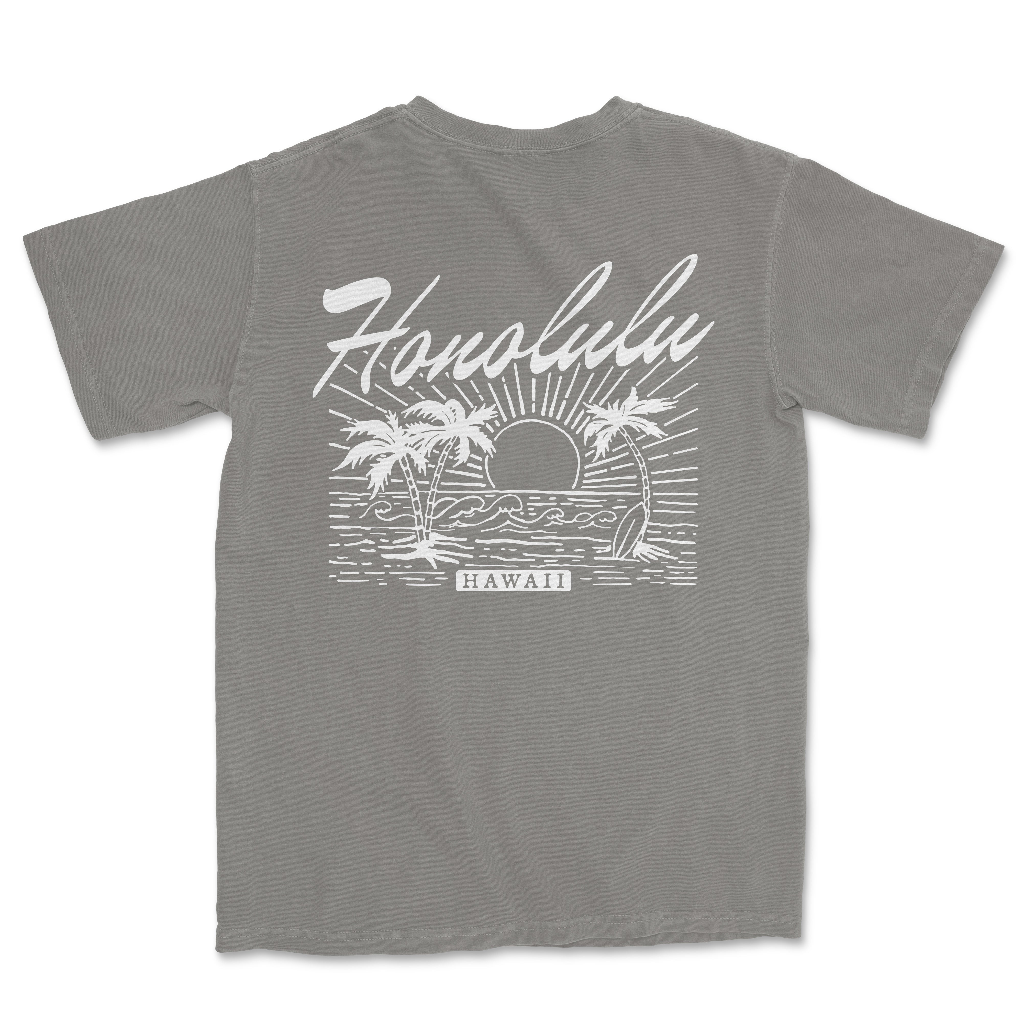 a gray t - shirt with the words hawaiian on it