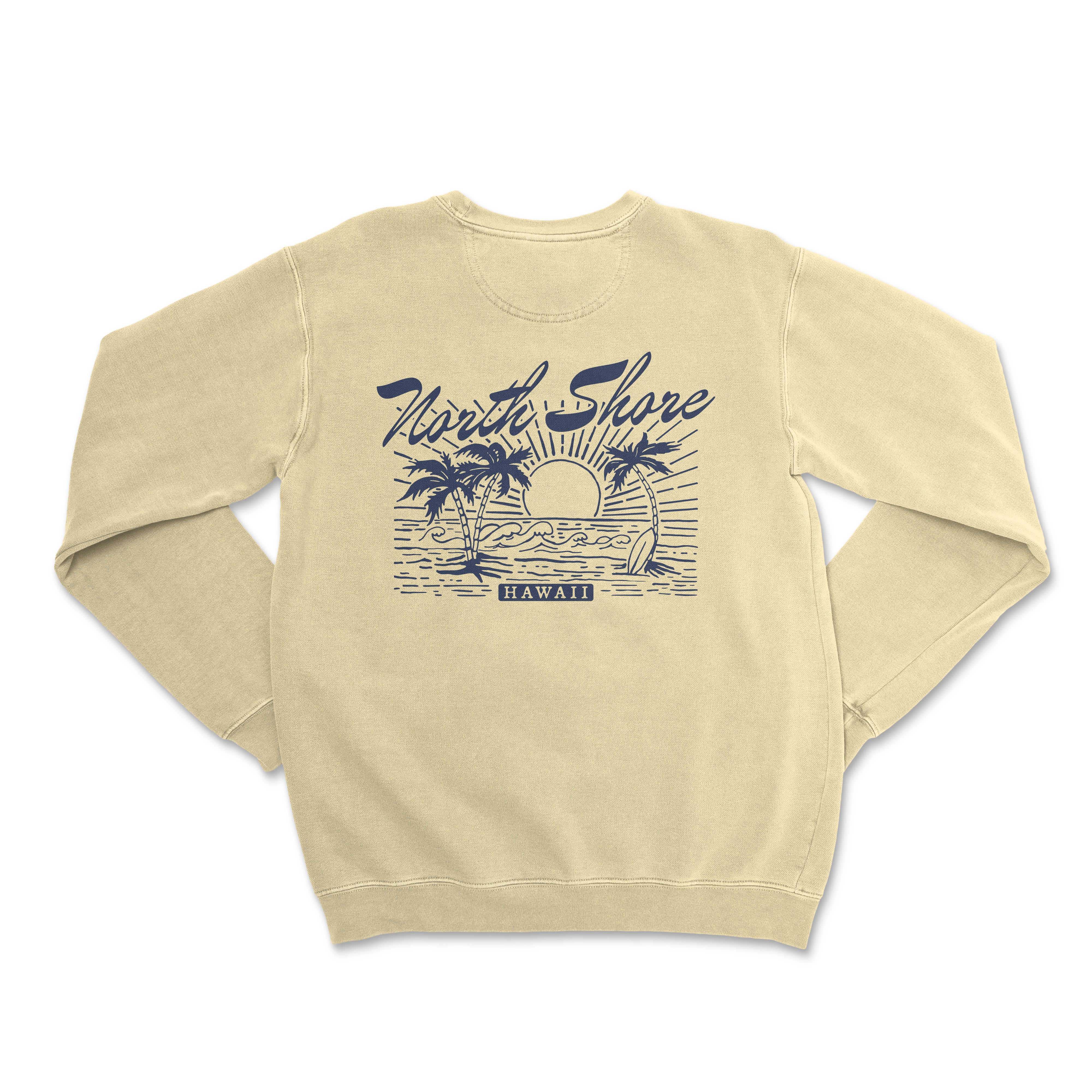 a white sweatshirt with a palm tree and a boat on it