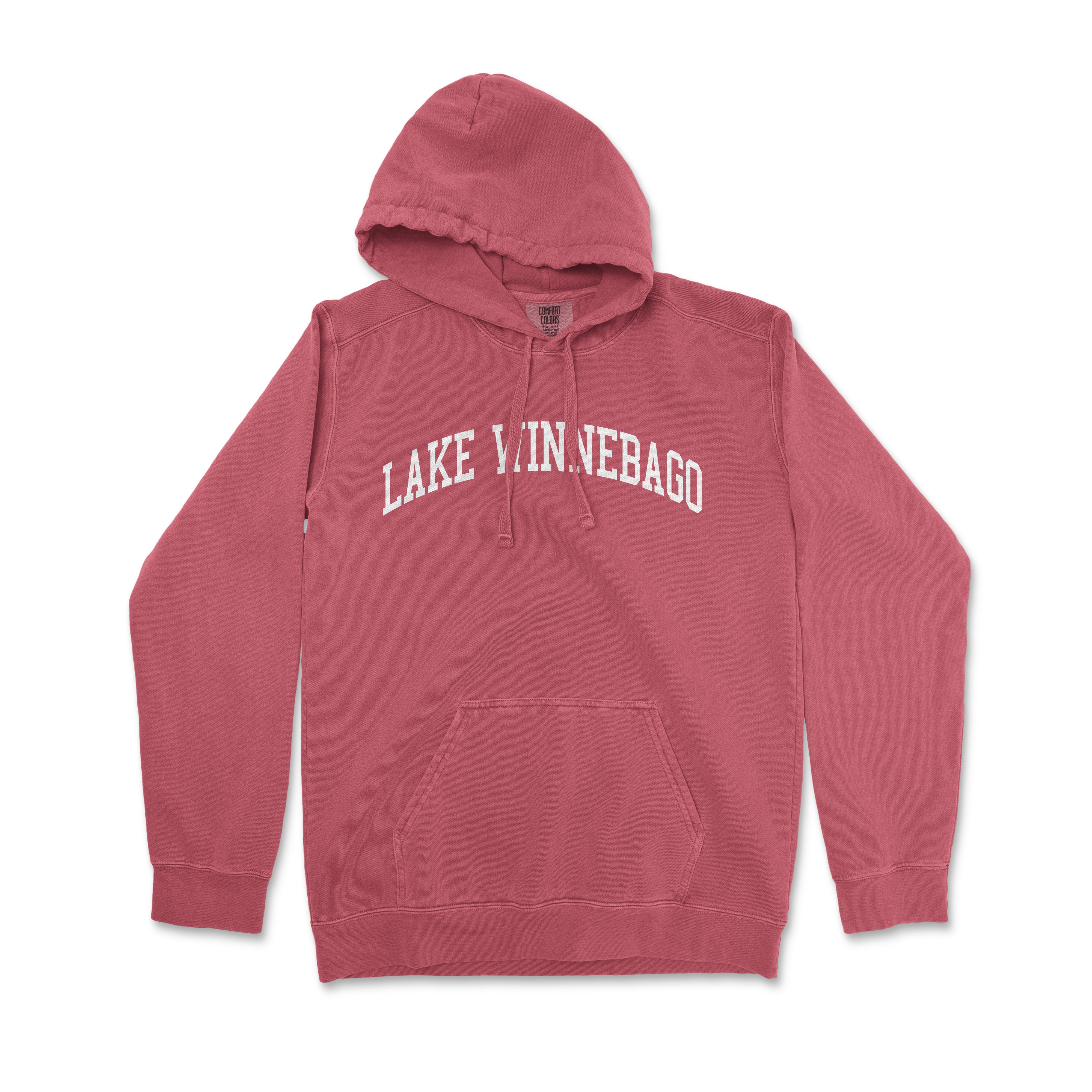 a red hoodie with the words lake n'nebago printed on it