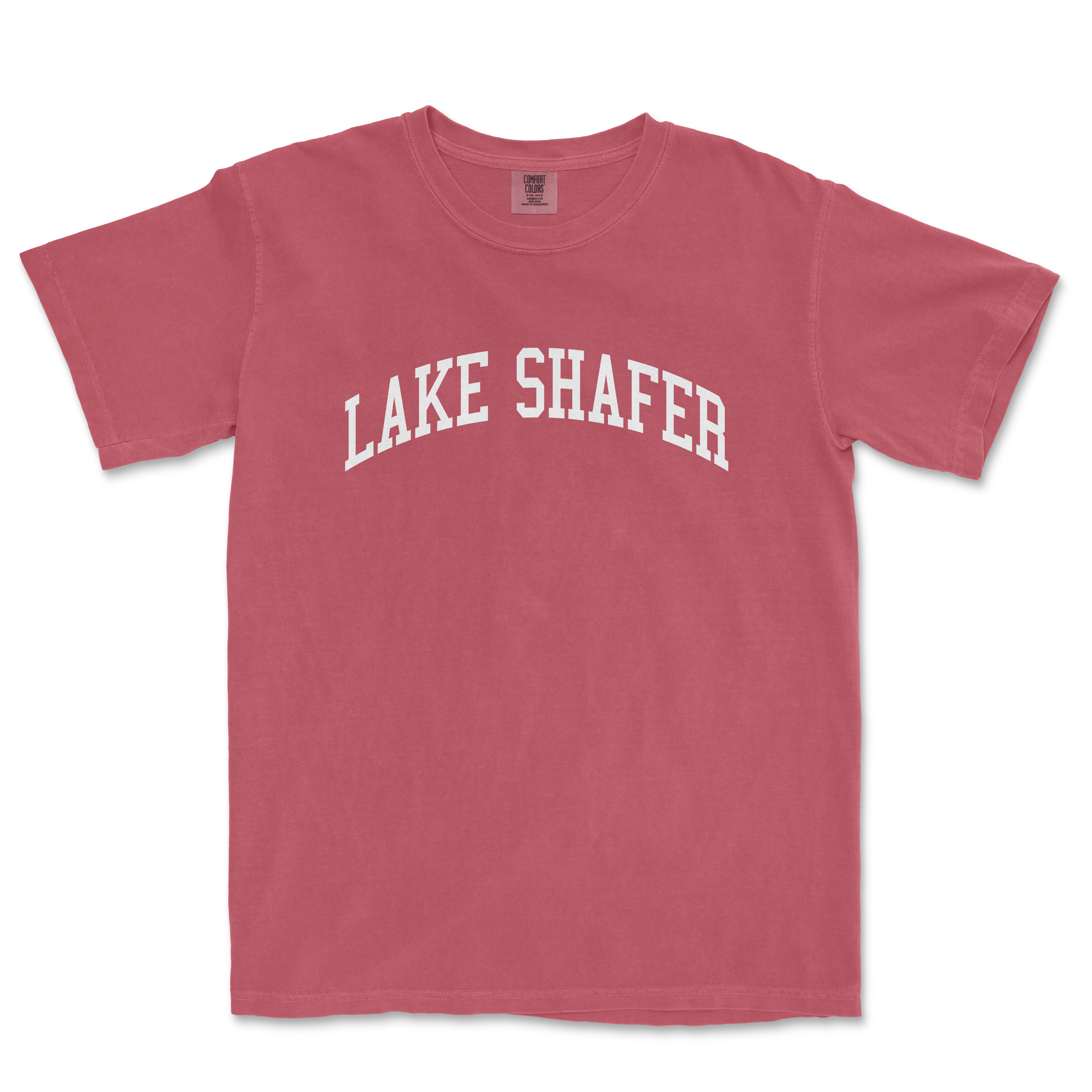 a red lake shafer t - shirt with the word lake shafer in white