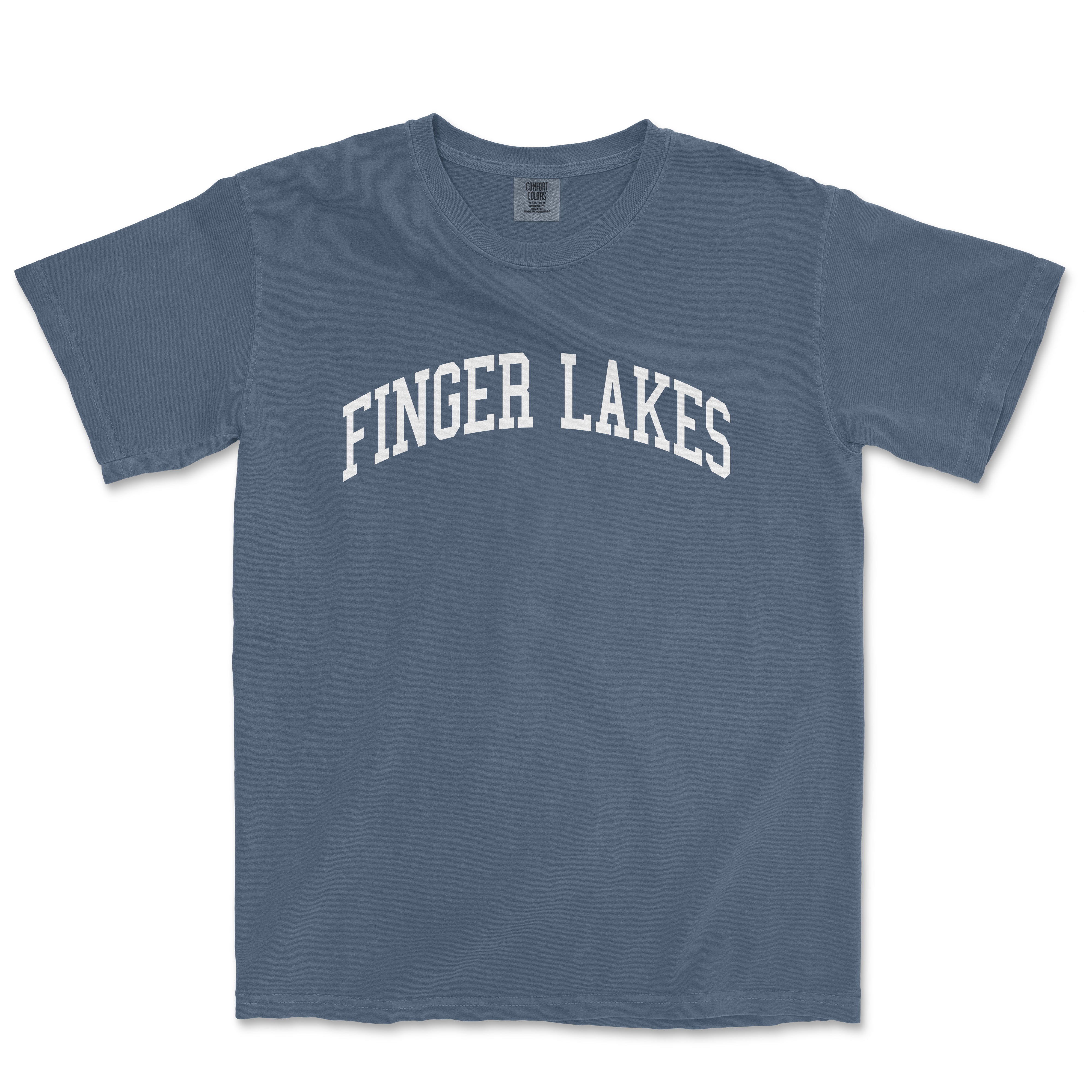 a blue t - shirt with the word finger lakes on it