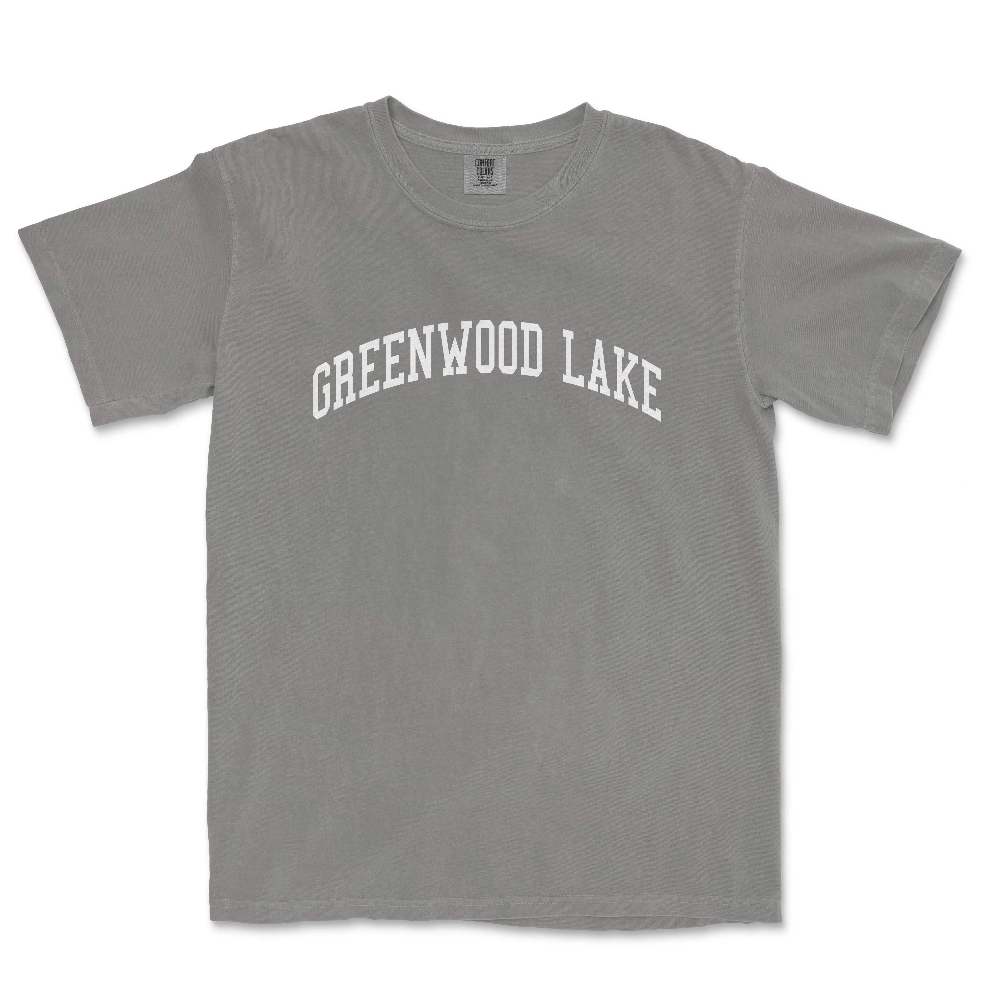 a grey t - shirt with the words greenwood lake on it