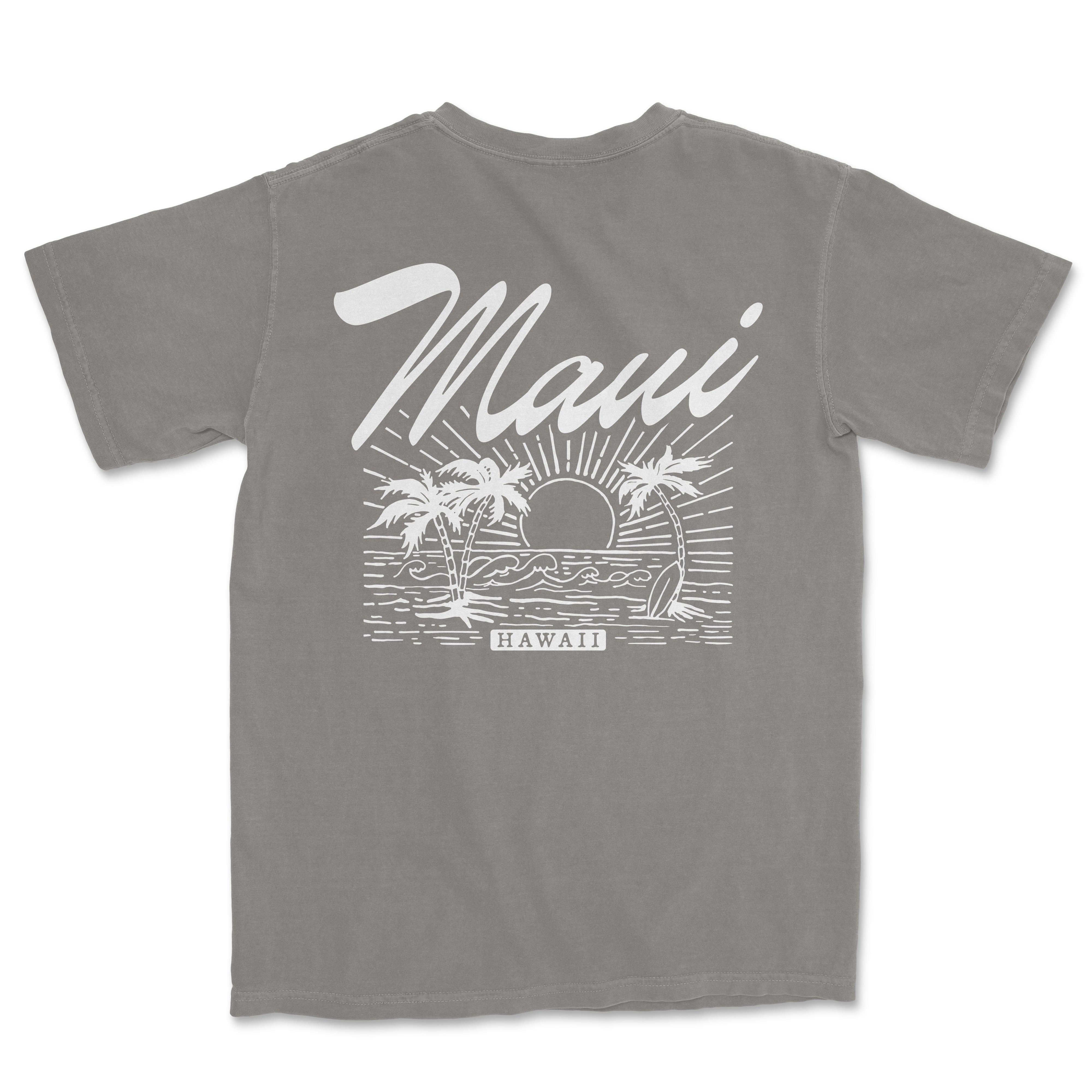 a gray t - shirt with the words hawaii on it