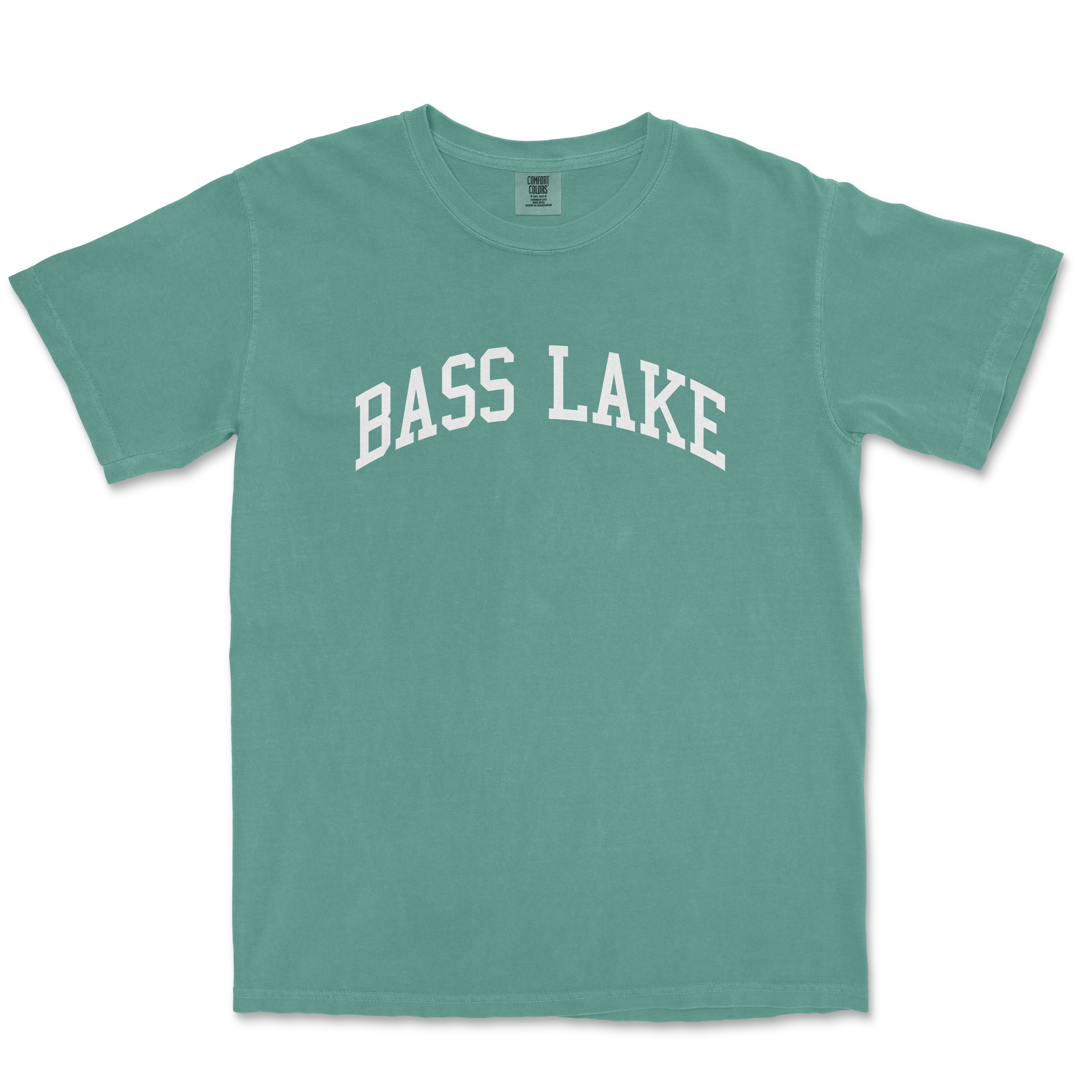 a green t - shirt with the word bass lake printed on it