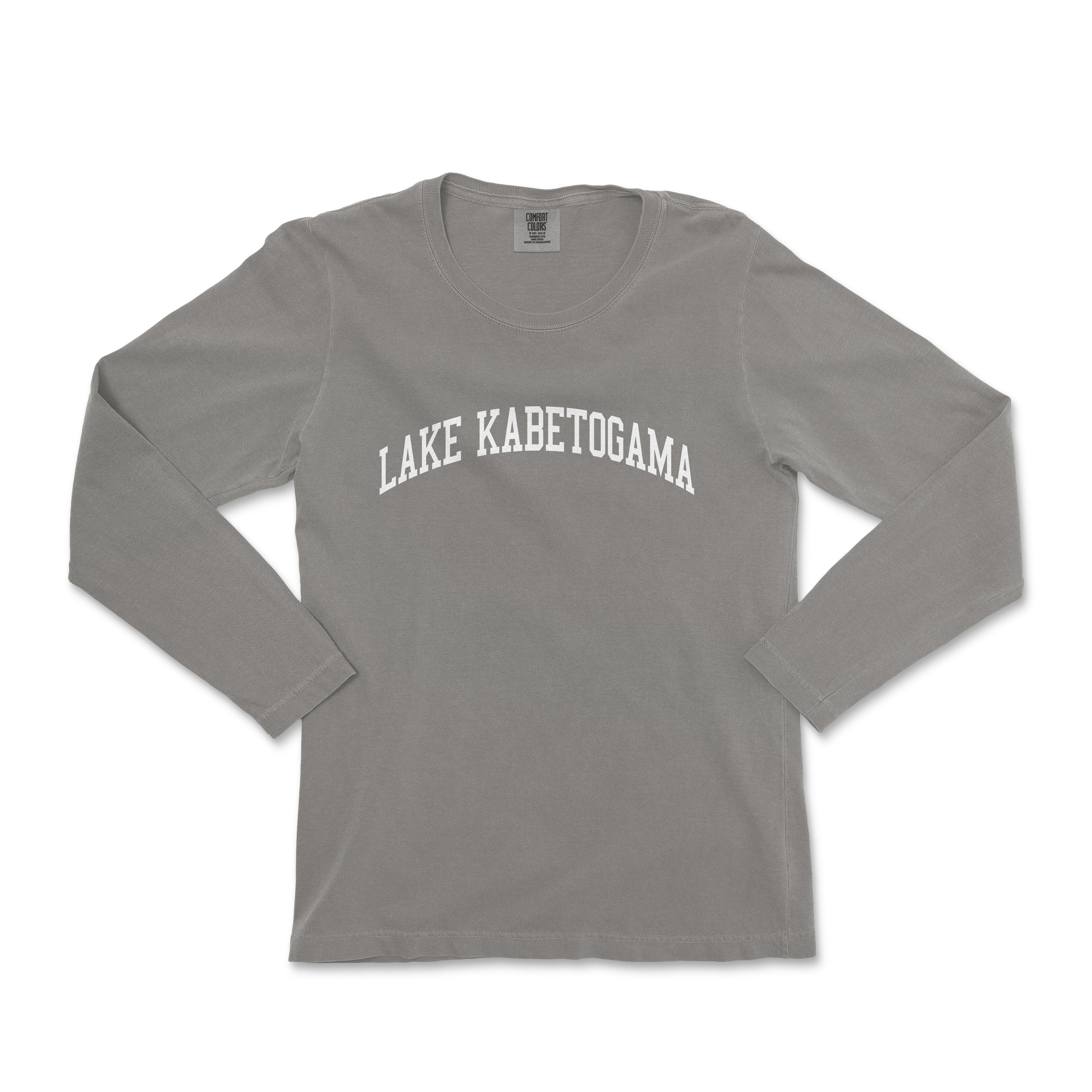 a gray long sleeve shirt with the words lake karetogama on it