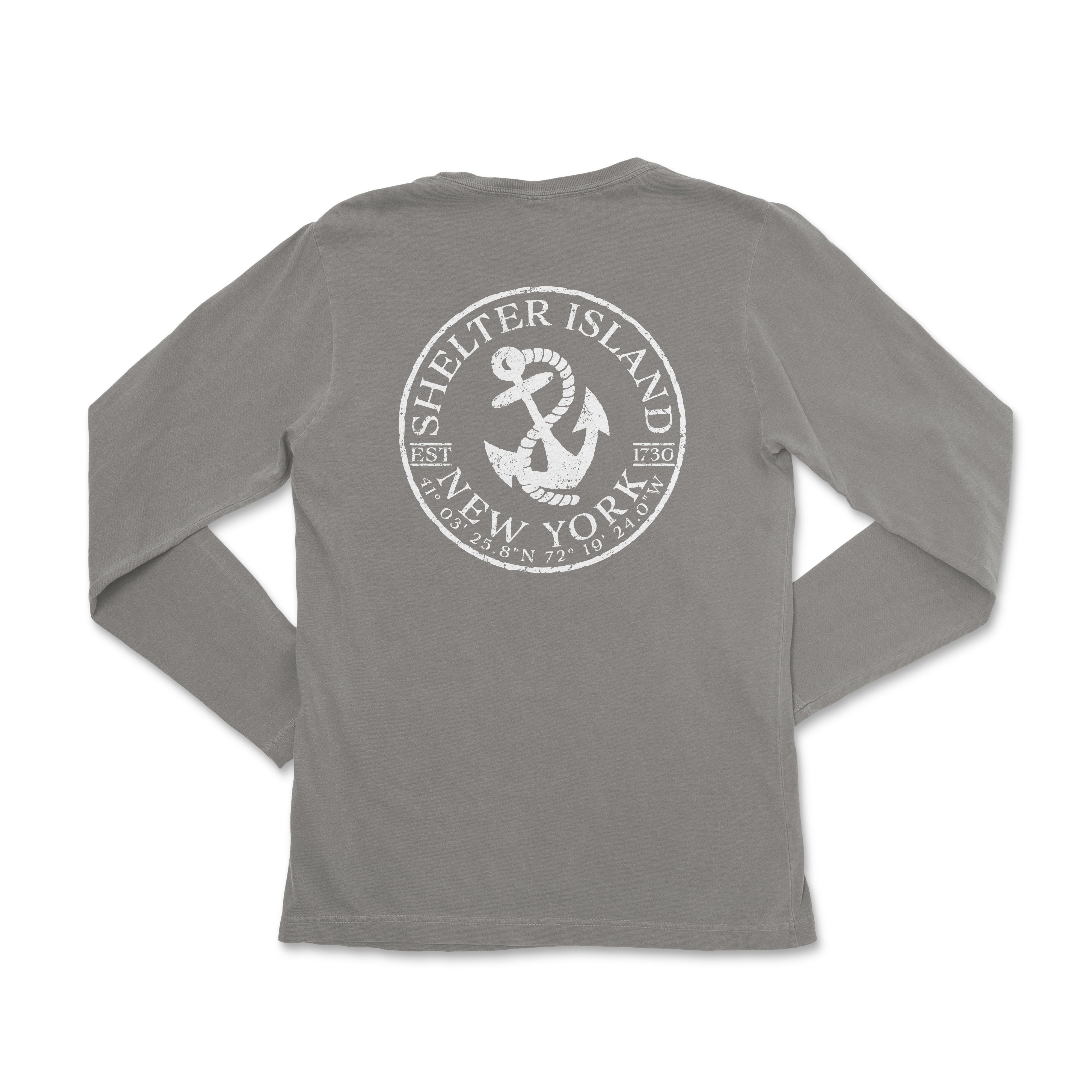 a grey long sleeve shirt with a white anchor on the front