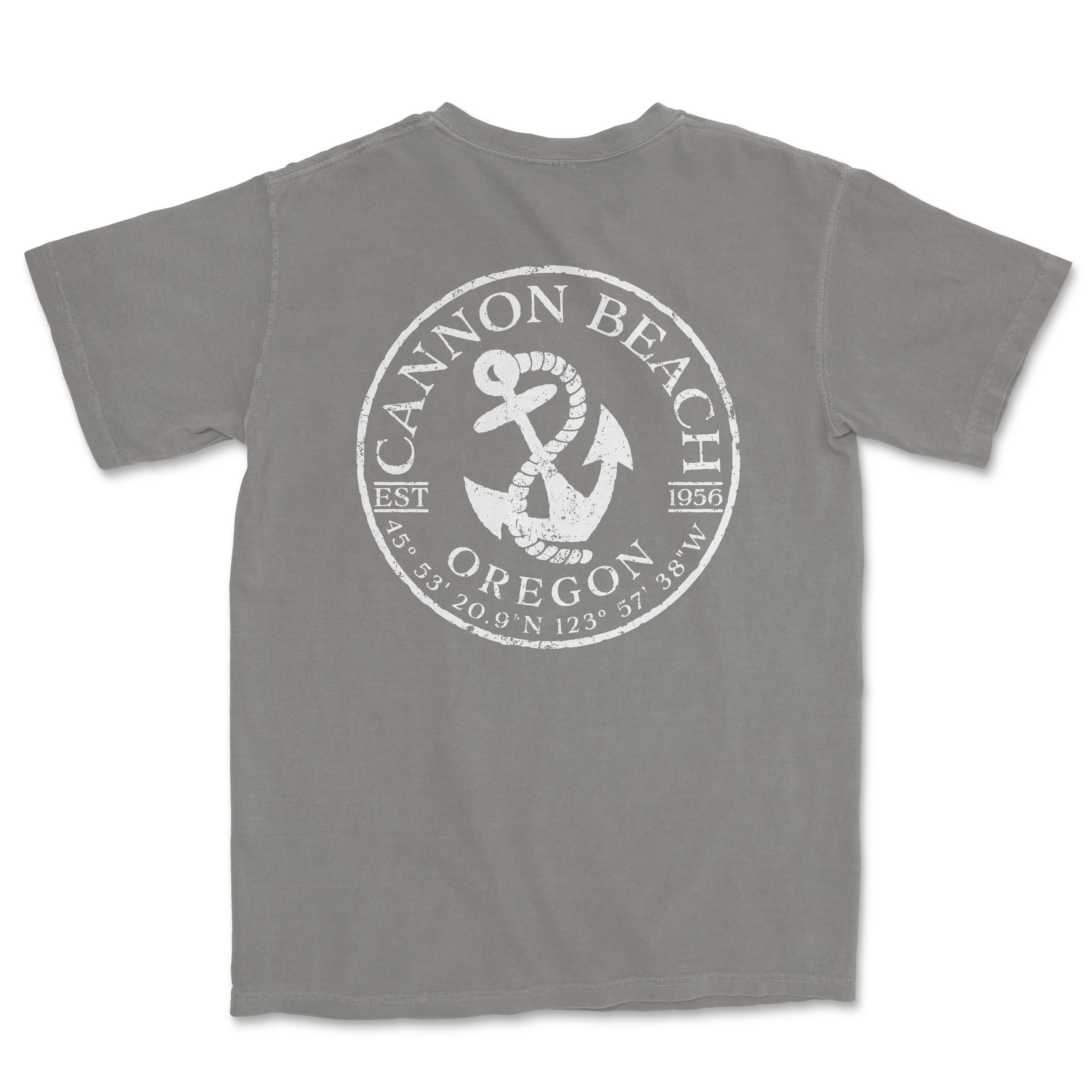 a gray t - shirt with an anchor and the words cannon beach on it