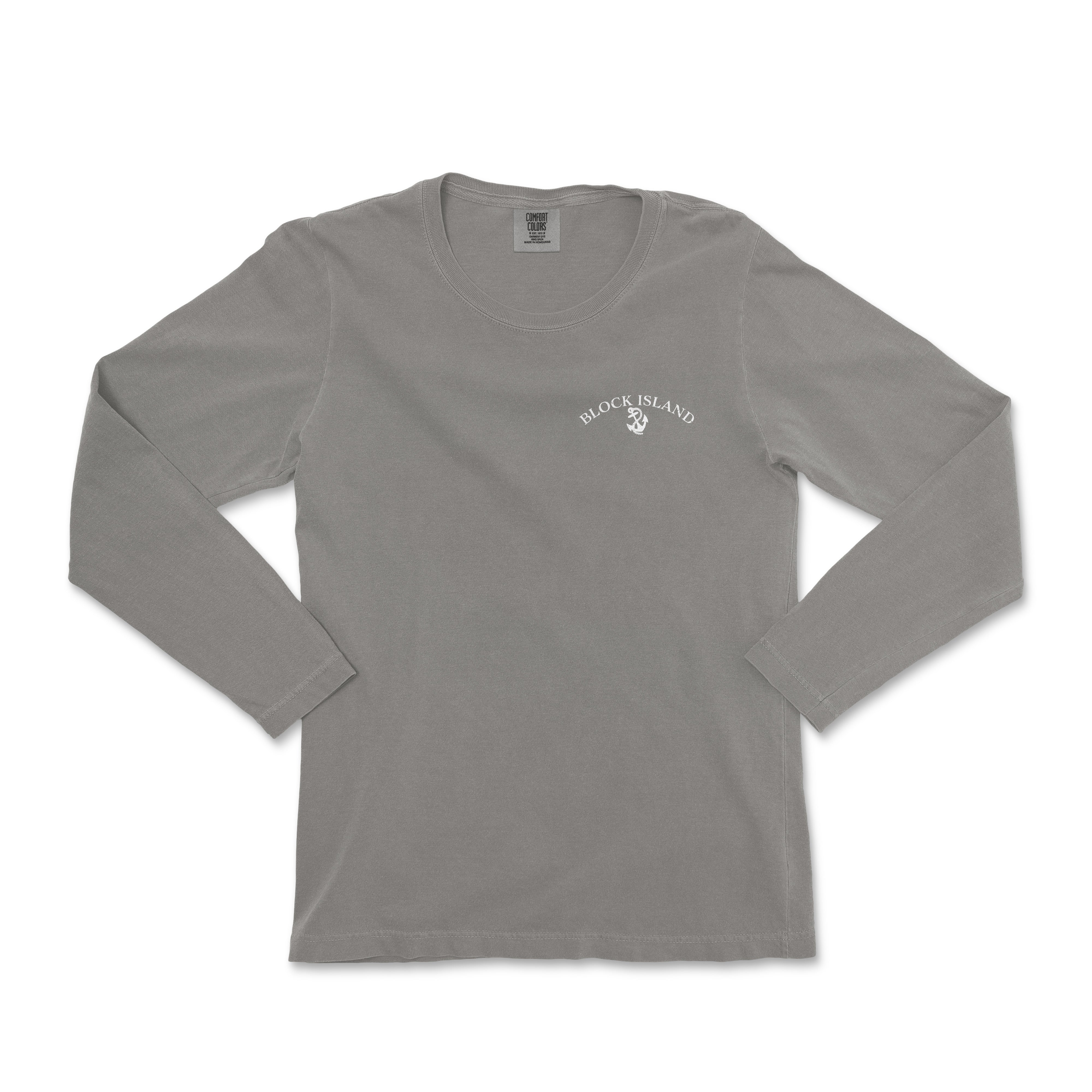 a gray long sleeve shirt with a white logo on the chest