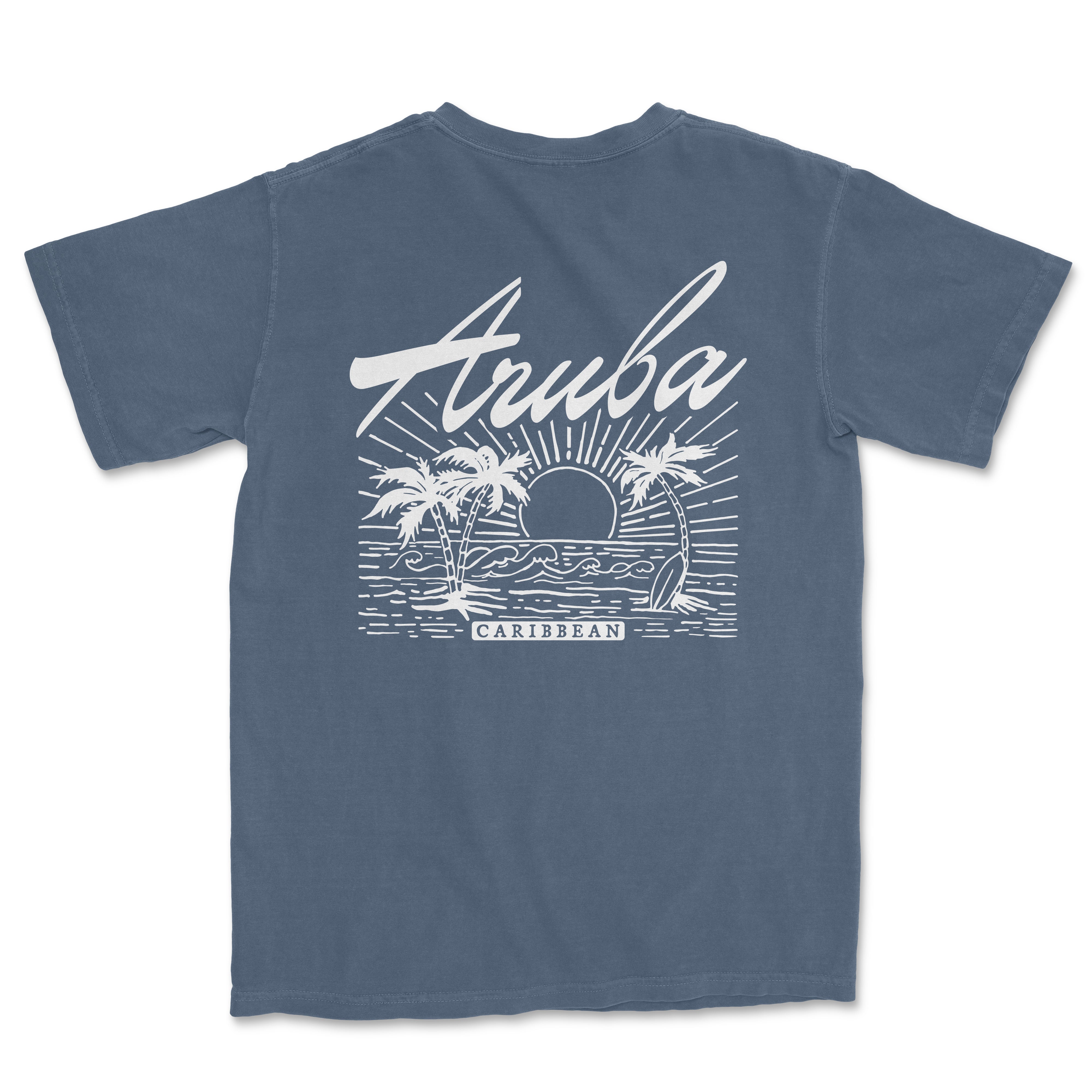 a blue t - shirt with an image of a sunset and palm trees