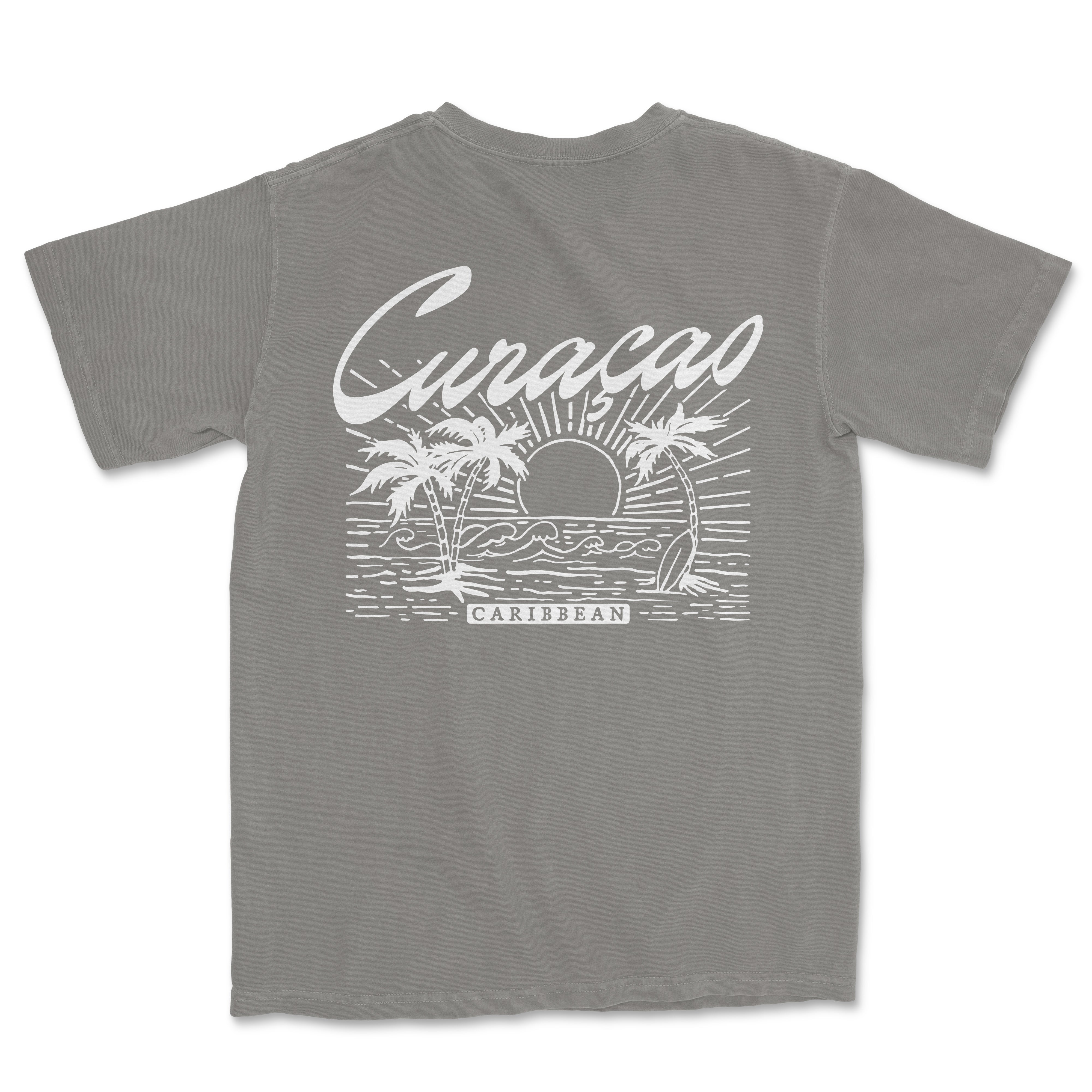 a gray t - shirt with a picture of a boat and palm trees