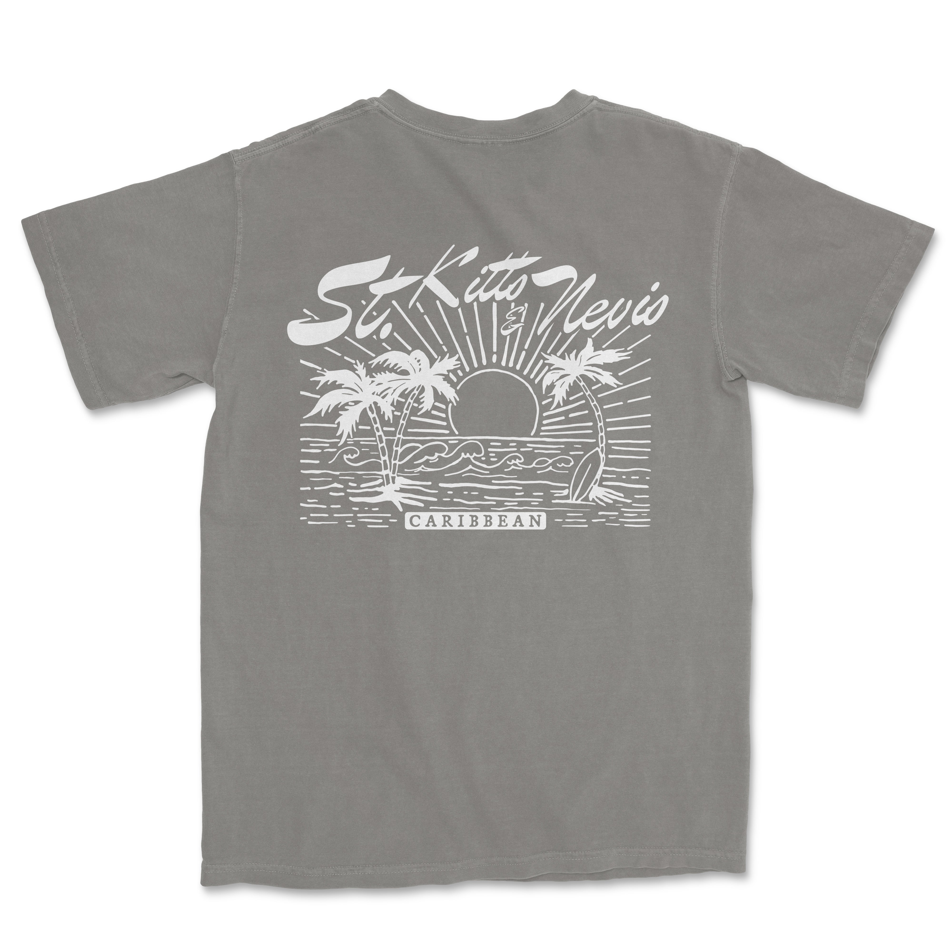 a t - shirt with a picture of a sunset and palm trees